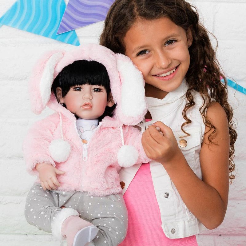 Adora Toddler Doll Cotton Tail with bunny graphic outfit, fluffy sweater with bunny ears hood and fur trim boots