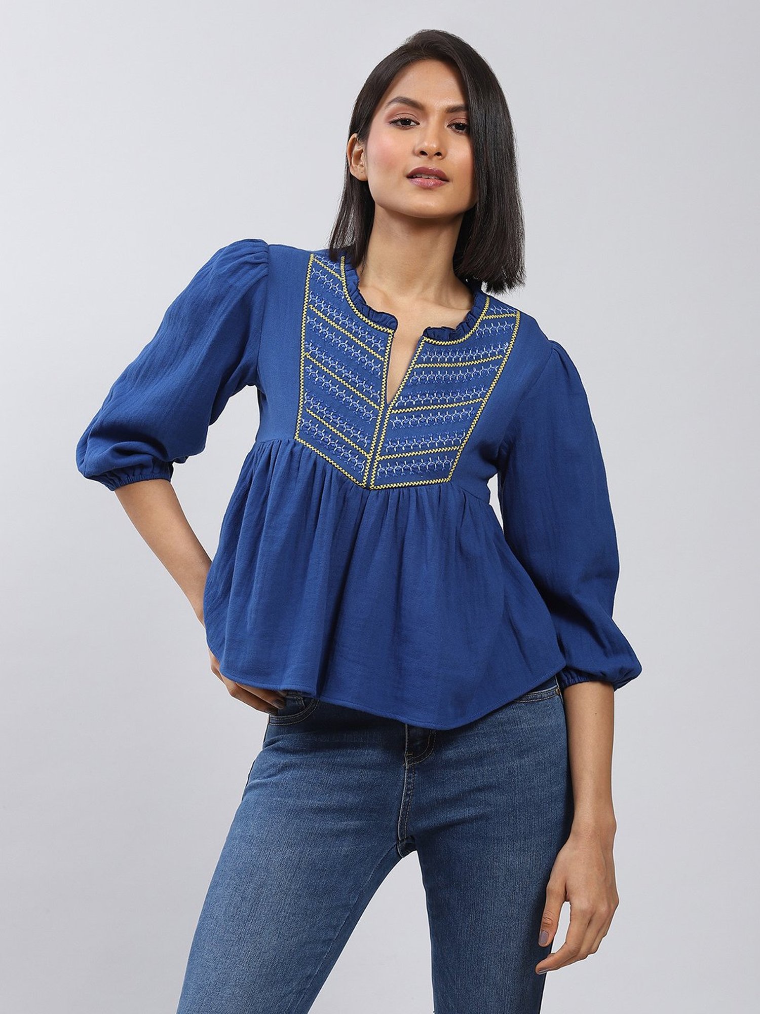 Label Ritu Kumar Blue Embroidered Top