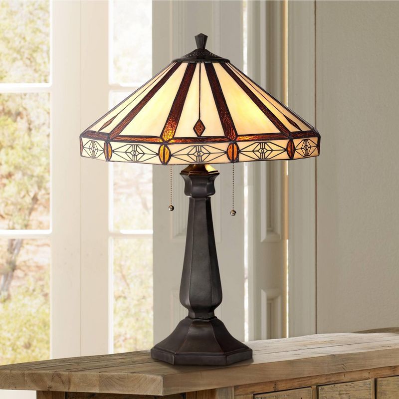 Robert Louis Tiffany Mission Table Lamp Bronze Octagonal Art Glass Shade for Living Room Family Bedroom Bedside Nightstand Office