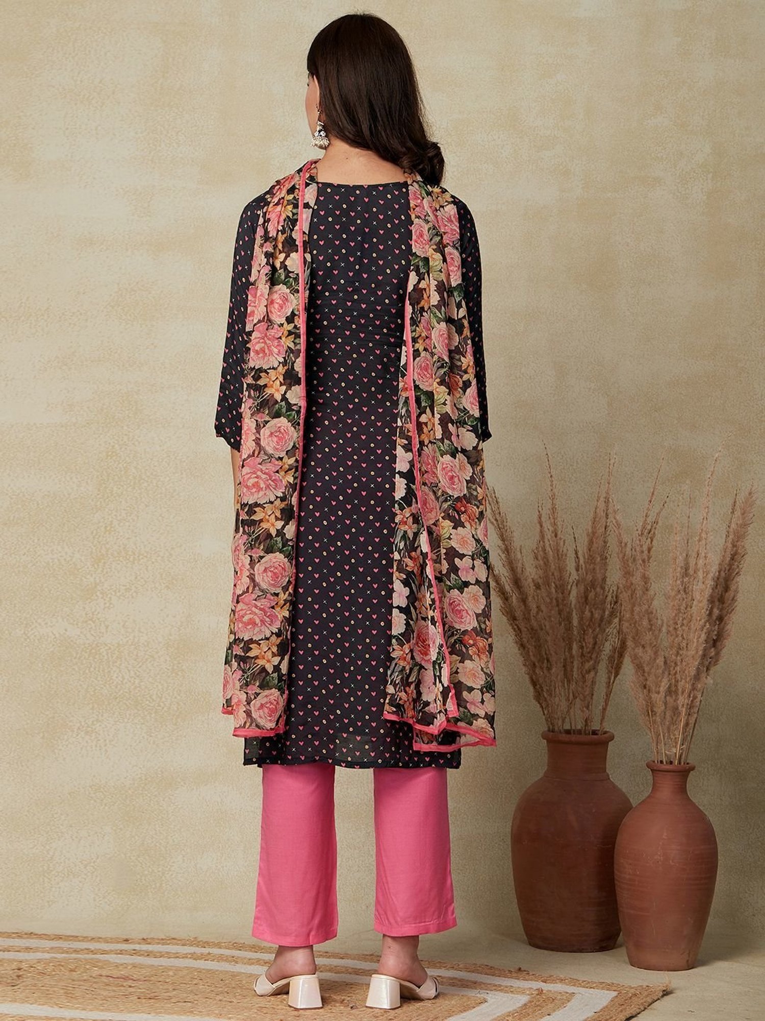 Fashor Black & Pink Printed Kurta Pant Set With Dupatta
