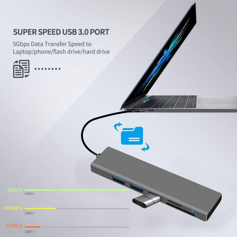 USB 3.0 Hub Ultra Slim 3-Port Aluminum Hub with 2-Slot SD/TF Card Reader Combo, 5 in 1 Superspeed USB 3.0 Hub for MacBook Pro 13/15, iMac, Mac Pro/Mini, Surface Pro, PCs and More - Gray