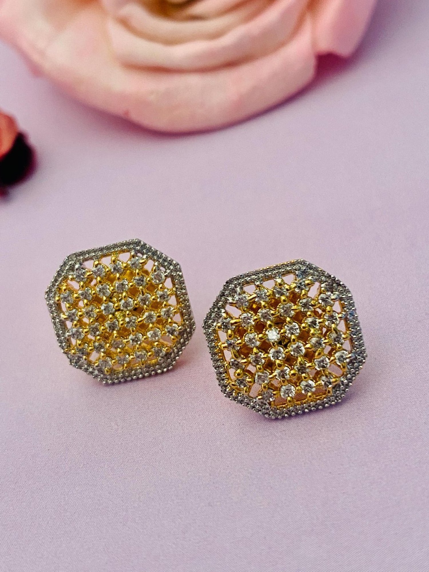 Abdesigns Gold-PlatedHexagon Diamond Cluster Stud Earrings