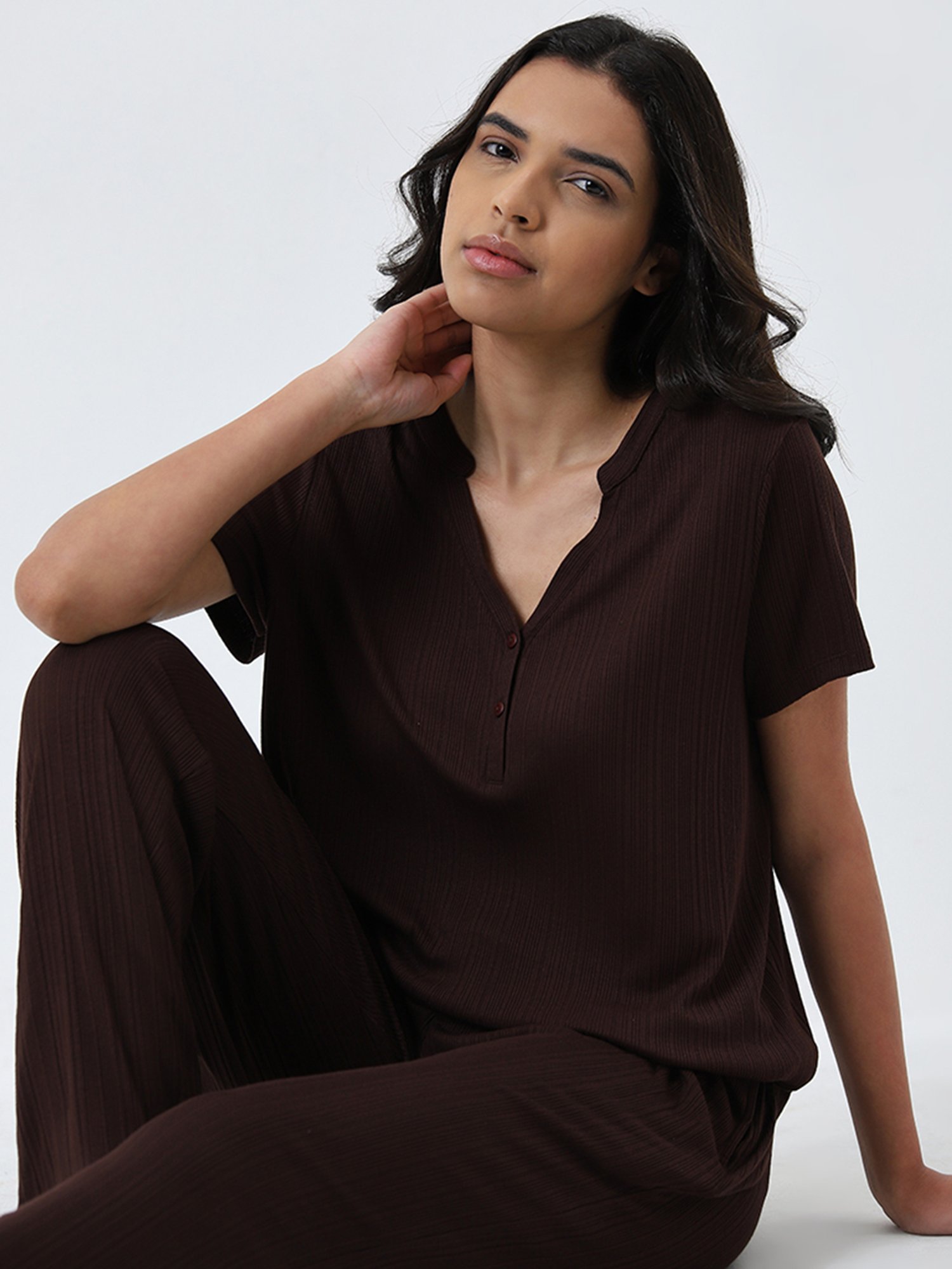 Wunderlove by Westside Dark Brown Textured Modal Supersoft T-Shirt