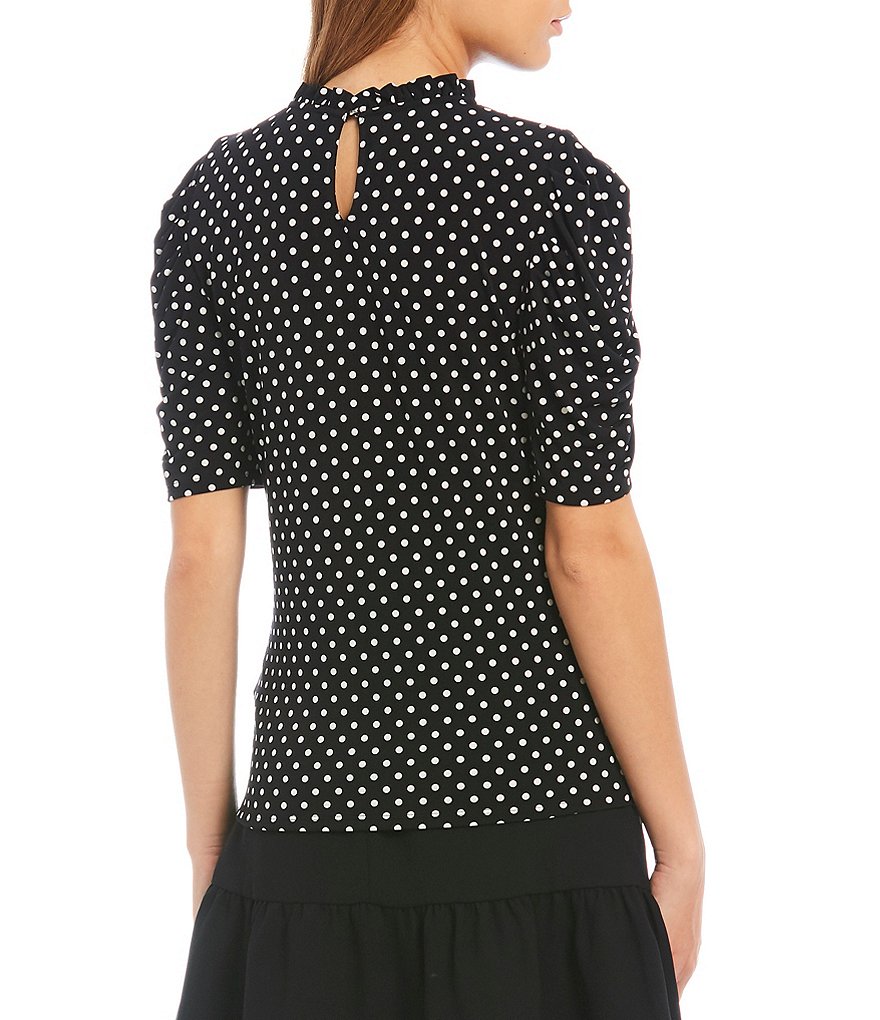 CeCe Polka Dot Puff Sleeve Ruffled Mock Neck Knit Top