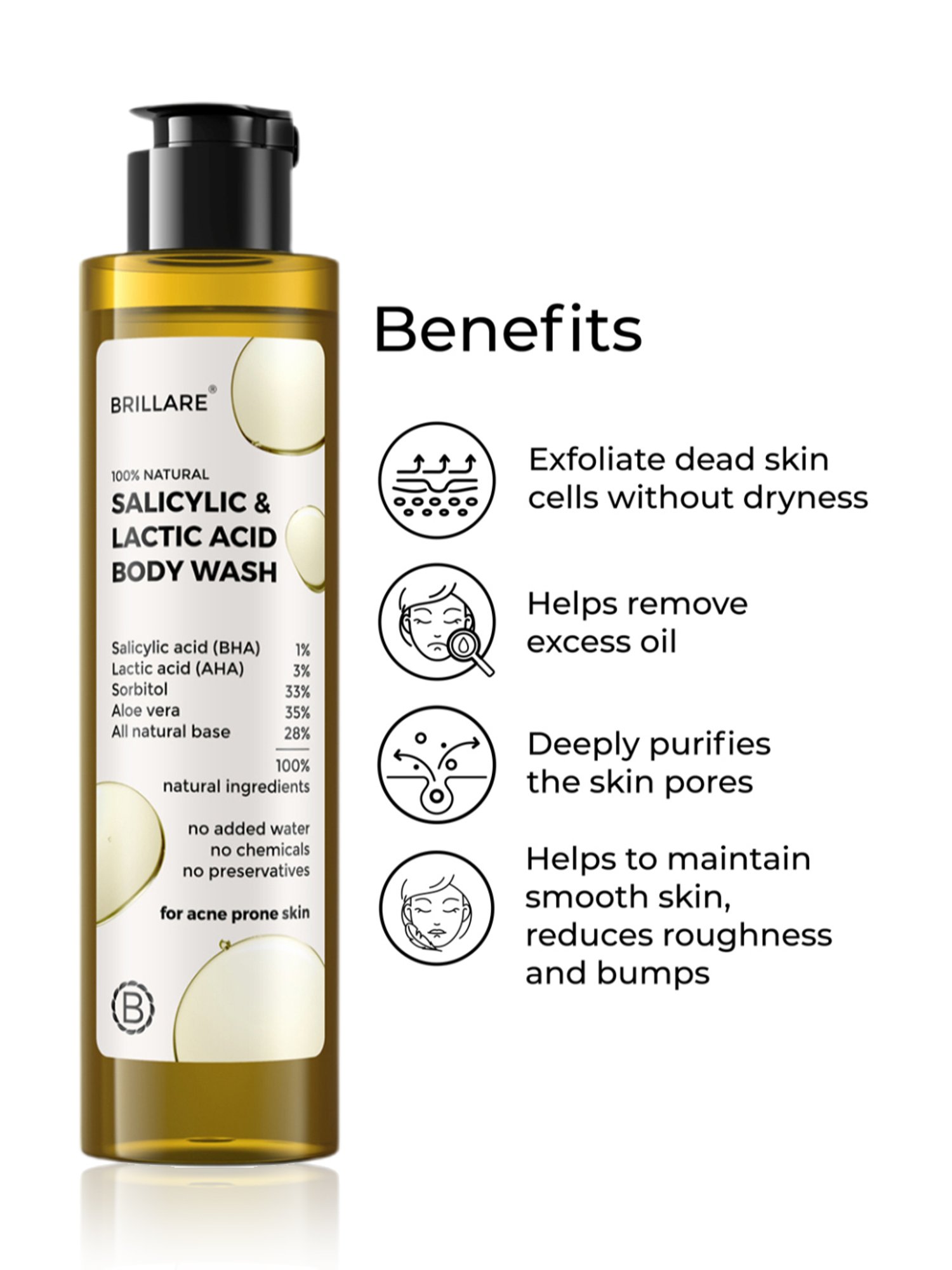 Brillare 100% Natural Salicylic & Lactic Acid Body Wash - 200 ml
