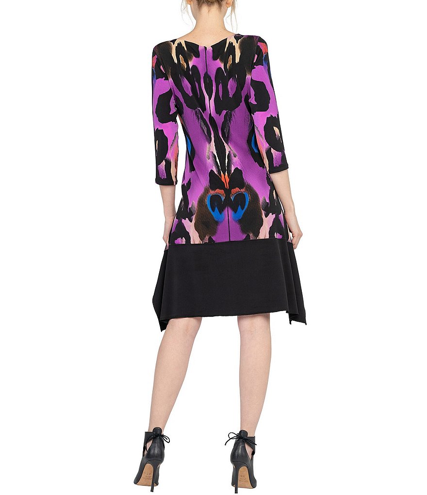 Eva Varro Animal Print Knit Jersey A-Line Dress With Solid Side Draped Flutter Hem