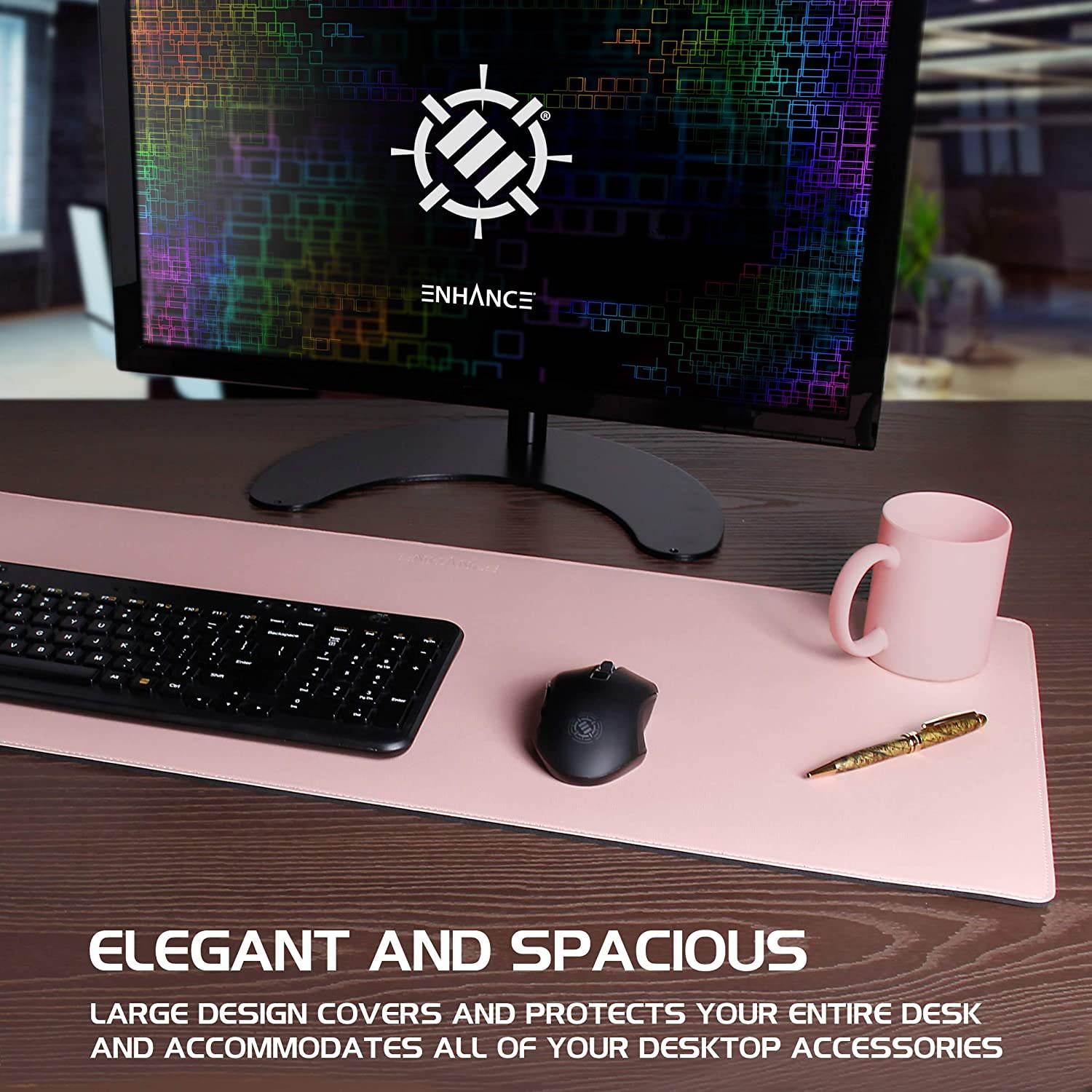 ENHANCE PU Leather Mouse Pad - Faux Leather Desk Mat Protector Extra Large - Water and Stain Resistant , Non-Slip Grip and Stitched Edges - Great Decor and Work from Home Office Accessories (Pink)