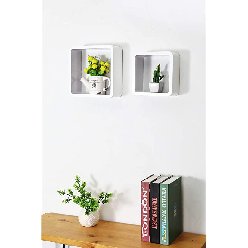 Set of 2 Cube Floating Shelves Wood Wall Shelves for Home Decoration Storage Display Rack White+Gray