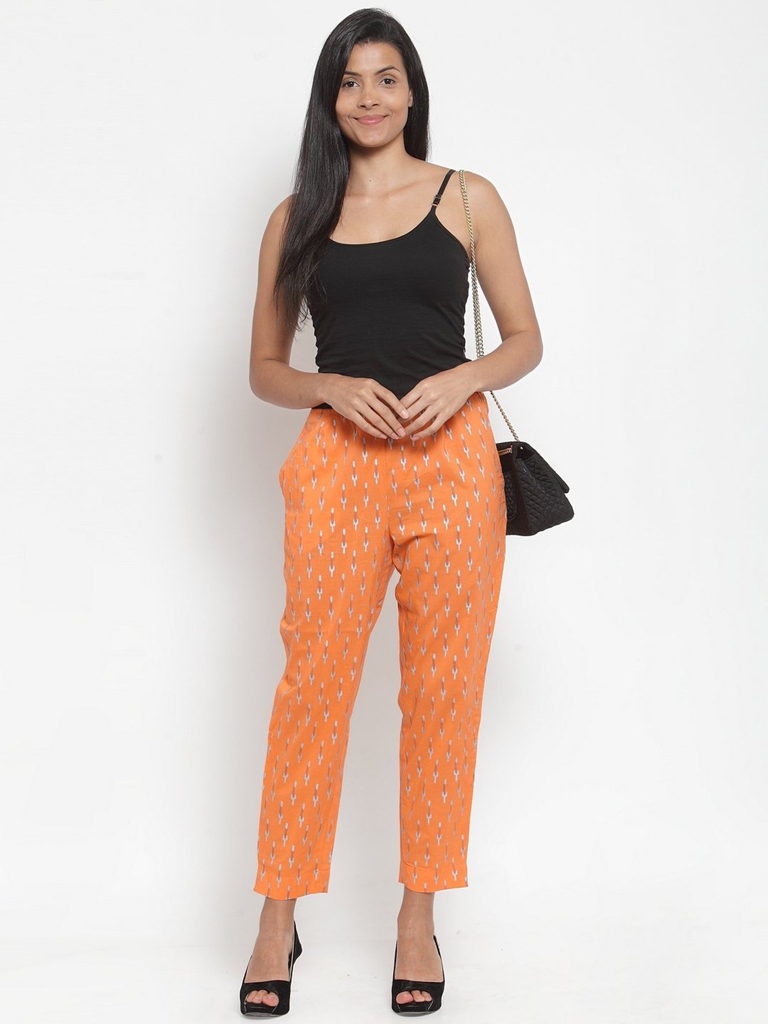 Indibelle Orange Cotton Printed Trousers
