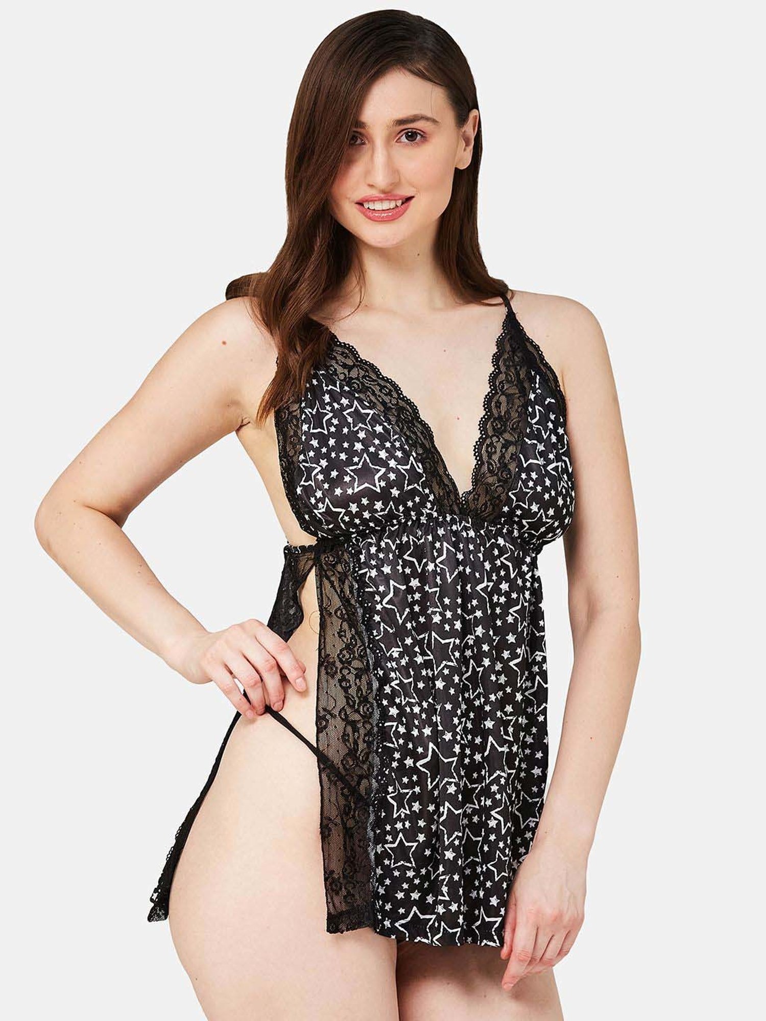 Secrets By ZeroKaata Black Printed Babydoll With Panty