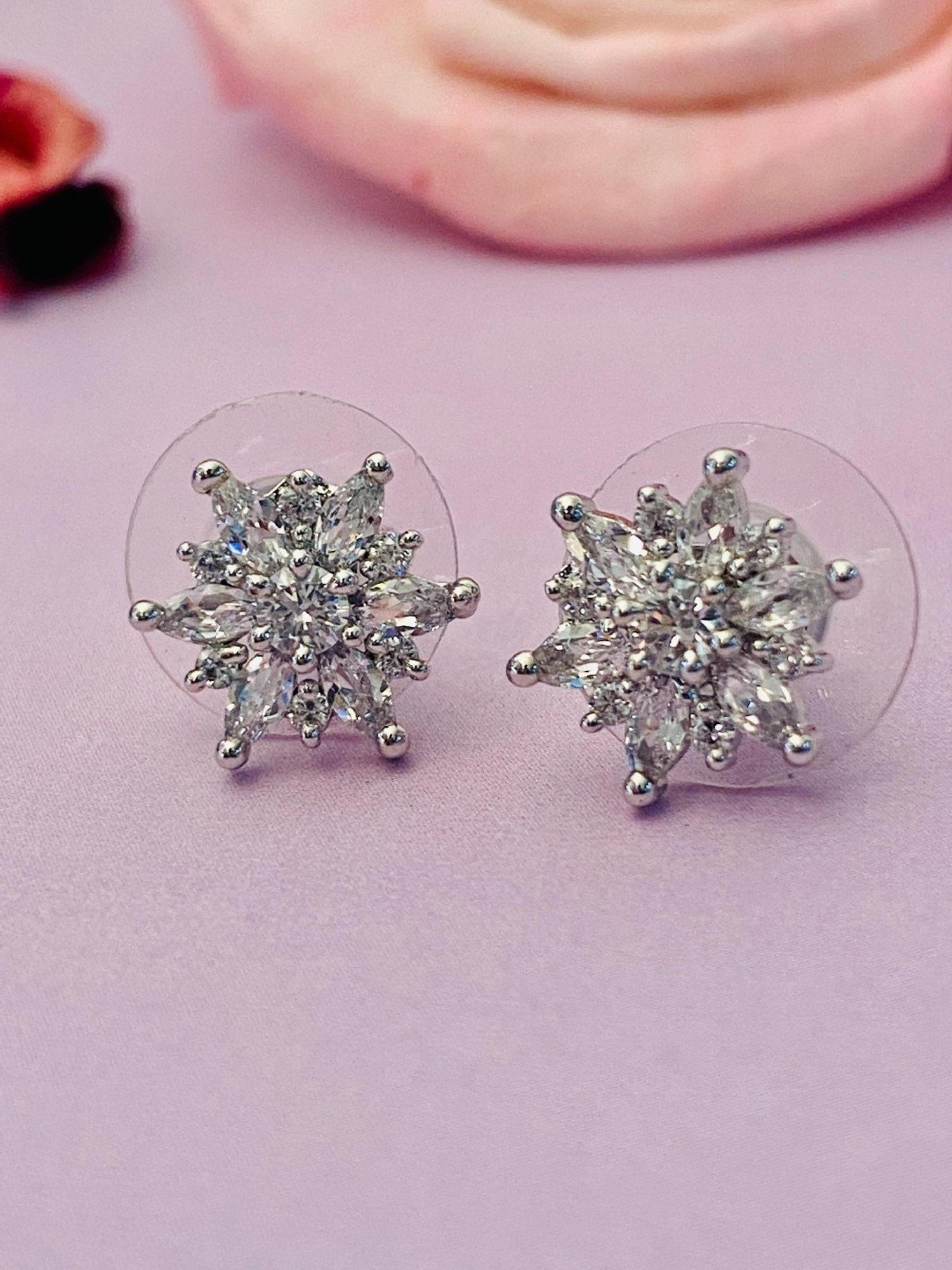 Abdesigns Silver-Plated American Diamond Stud Earrings