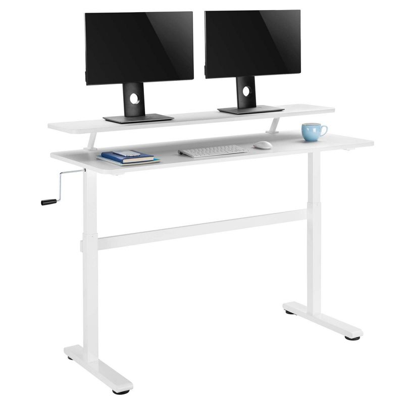 Tranzendesk Standing Desk with Clamp-On Shelf - 55" Sit to Stand Workstation with 55" Monitor Stand - White - Stand Steady