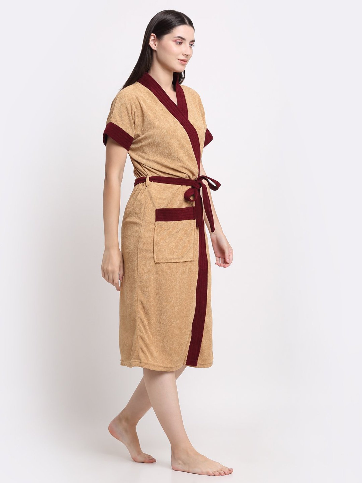 Creeva Everyday Red & Navy 225 GSM Micro Terry Bathrobe with Front Pocket & Kimono Collar