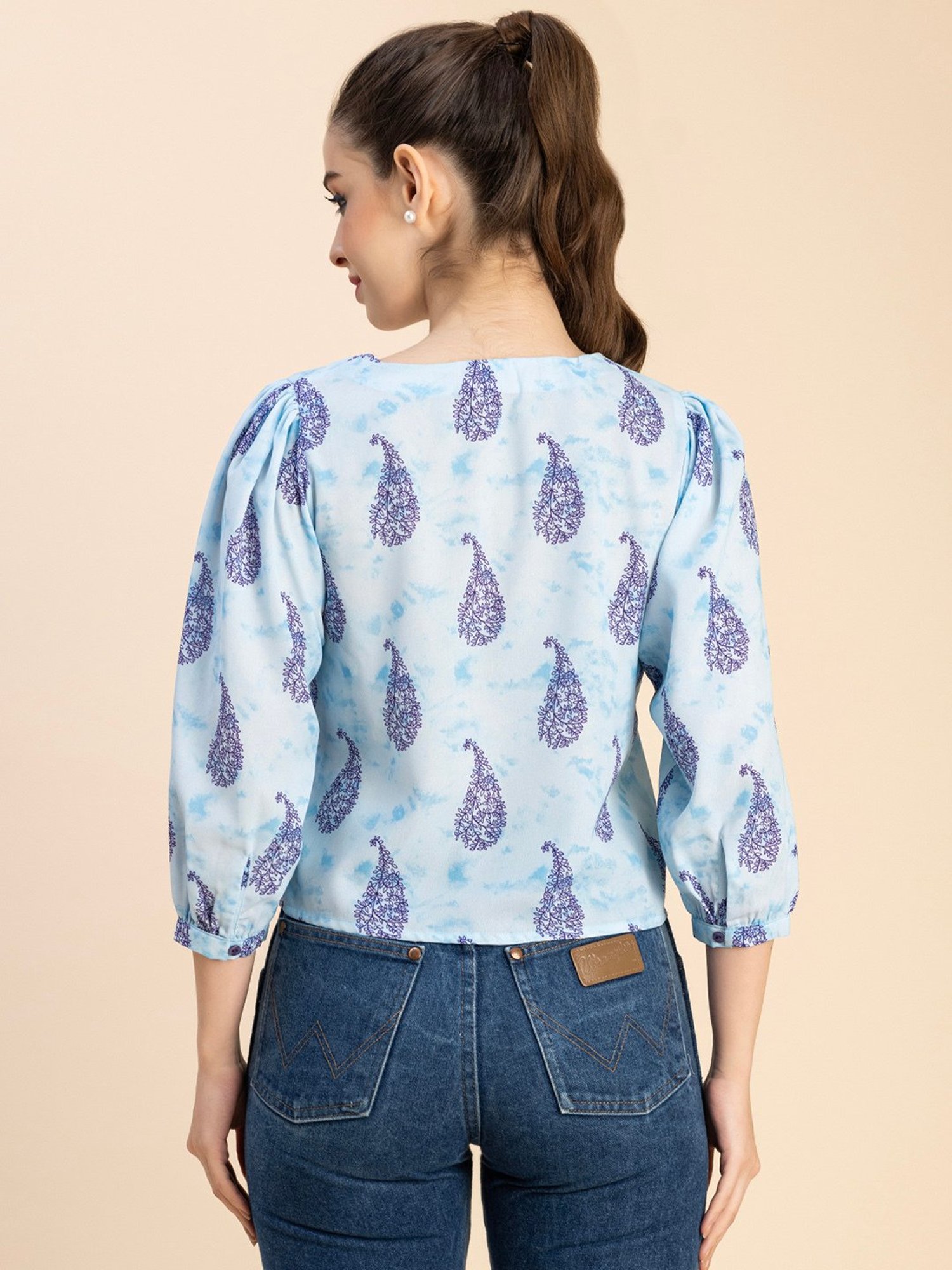 Moomaya Light Blue Printed Crop Top