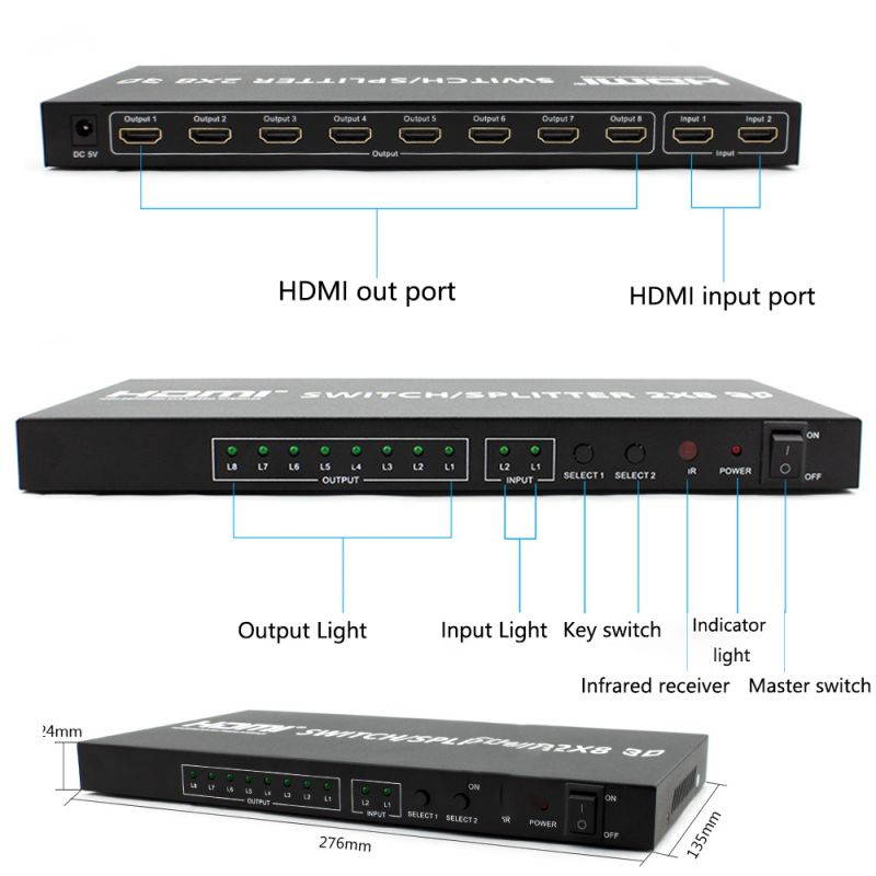 Gigbird 2*8 4K 60HZ HDMI Switch 2In 8 Out 1080P@60Hz 3D Video Formats HDMI Matrix Audio Video Converter,(with Remote Control and Charger)