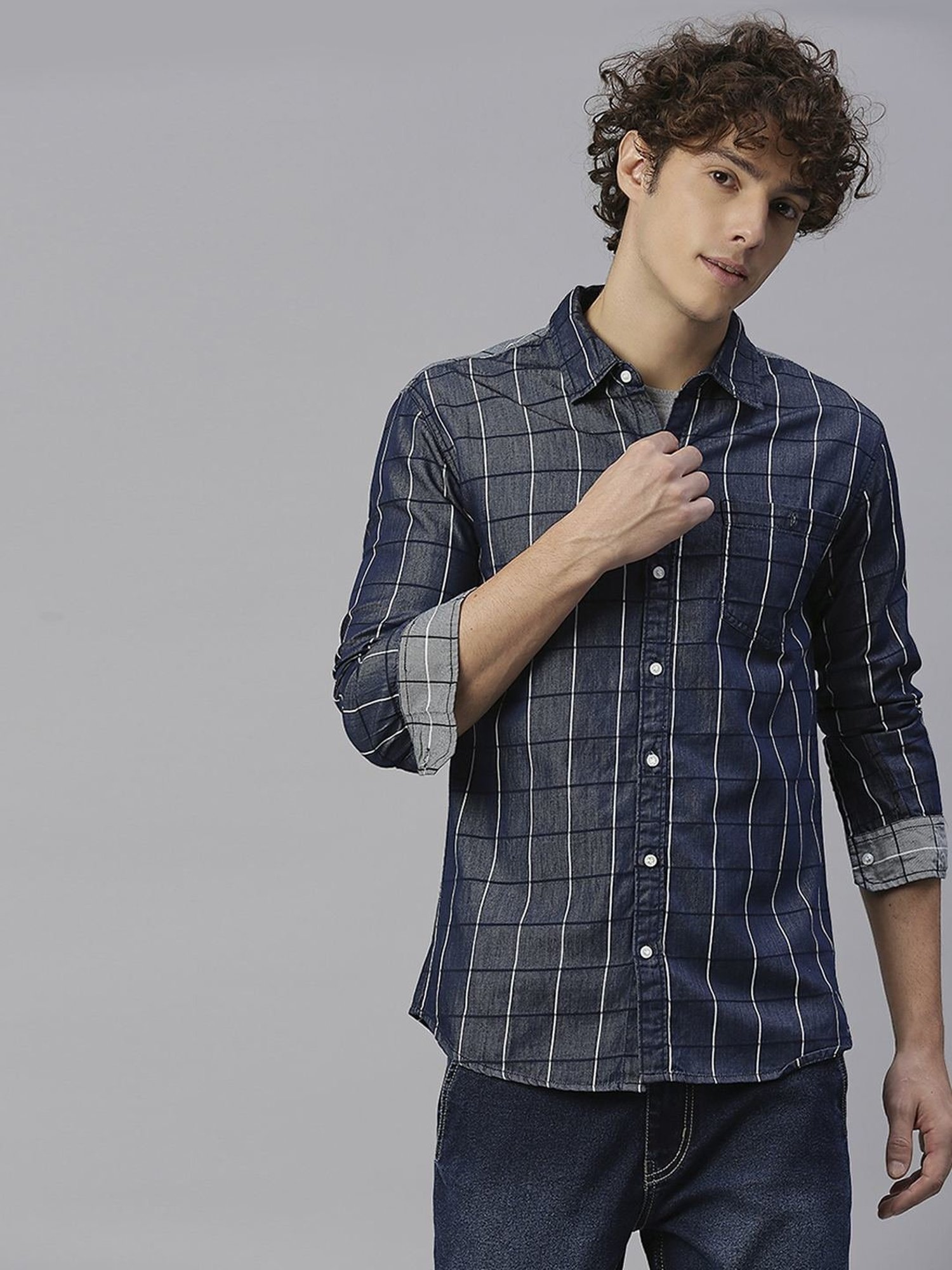 High Star Blue Cotton Regular Fit Checks Shirt