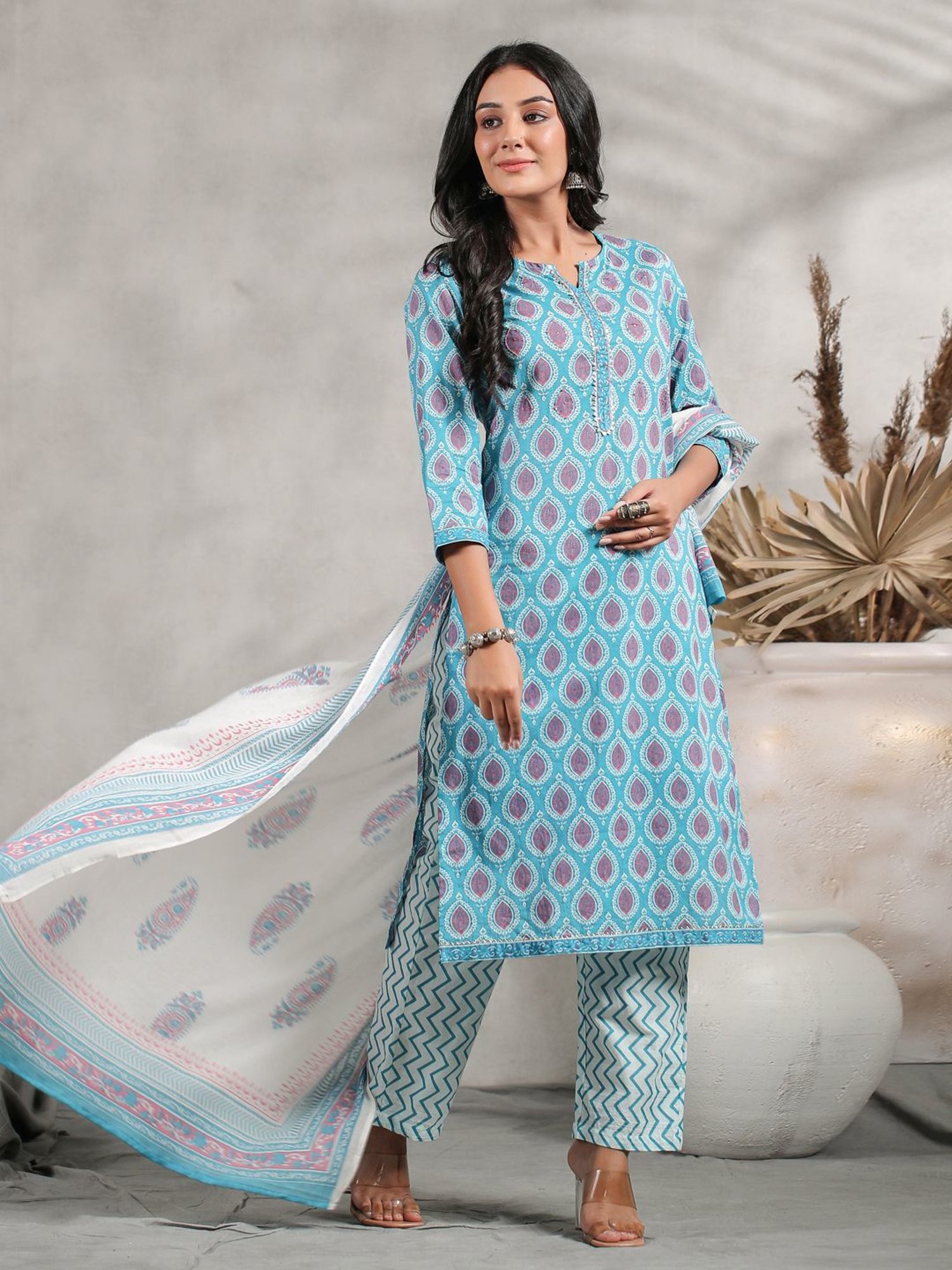 Anubhutee Turquoise Cotton Printed Kurta Pant Set With Dupatta