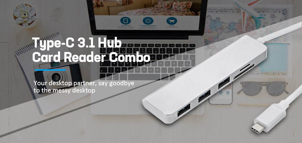 USB-C SD/TF Card Reader with 3 USB3.0 HUB, Type-C HUB Card Reader 5 Port with 3 x USB 3.0 / SD / TF Ports.