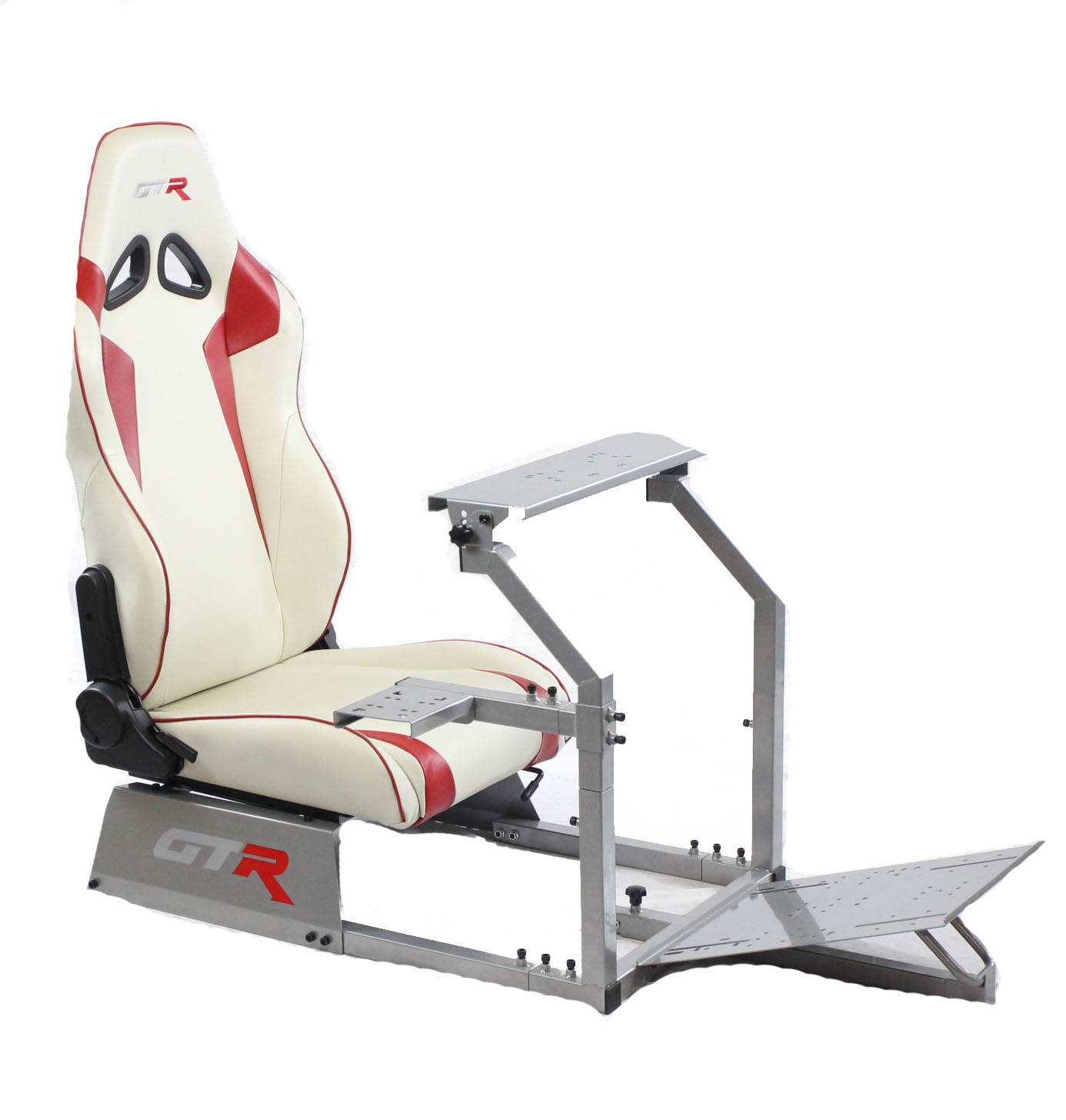 GTR Racing Simulator GTA-S-S105LWHTRD GTA Model Silver Frame with White/Red Real Racing Seat, Driving Simulator Cockpit Gaming Chair with Gear Shifter Mount