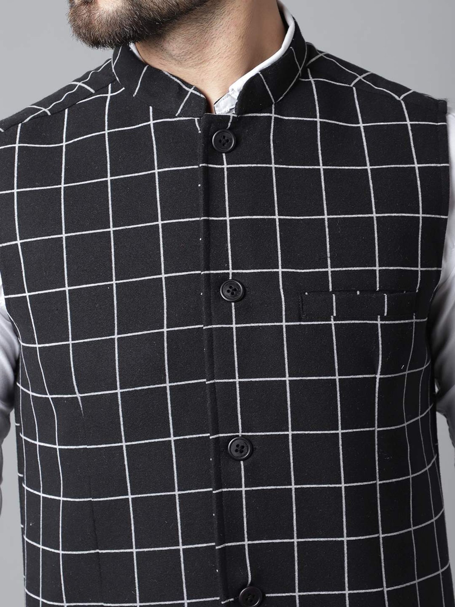 Even Black Regular Fit Checks Nehru Jacket