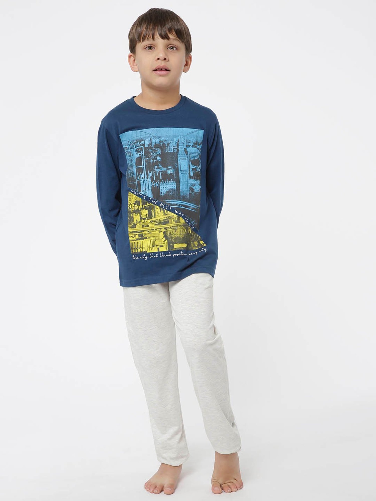 Sweet Dreams Kids Navy & Grey Printed Full Sleeves T-Shirt with Pyjamas