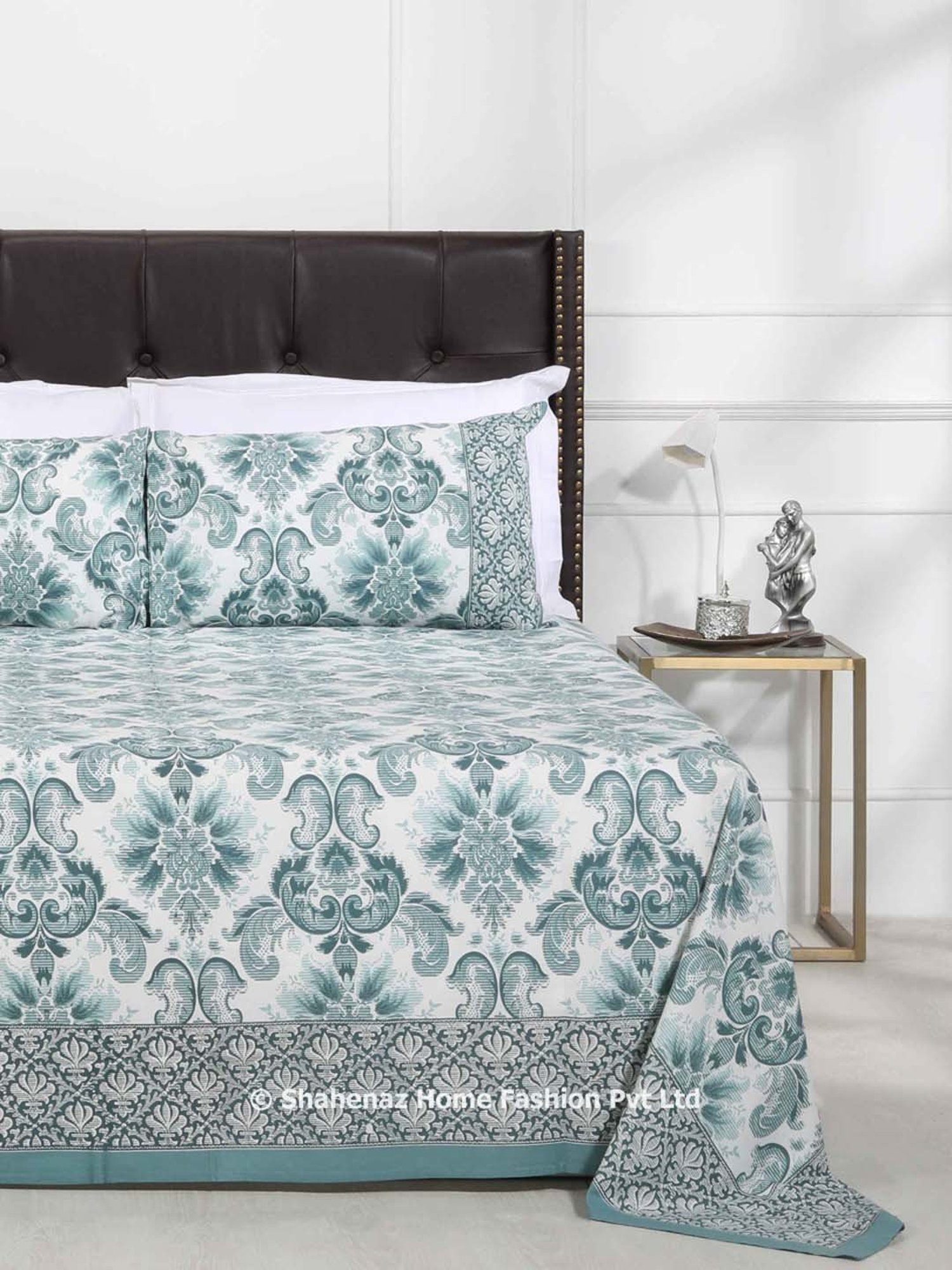 Shahenaz Dark Green 120 TC Cotton Classic Damask Double Bedsheet with 2 Pillow Covers