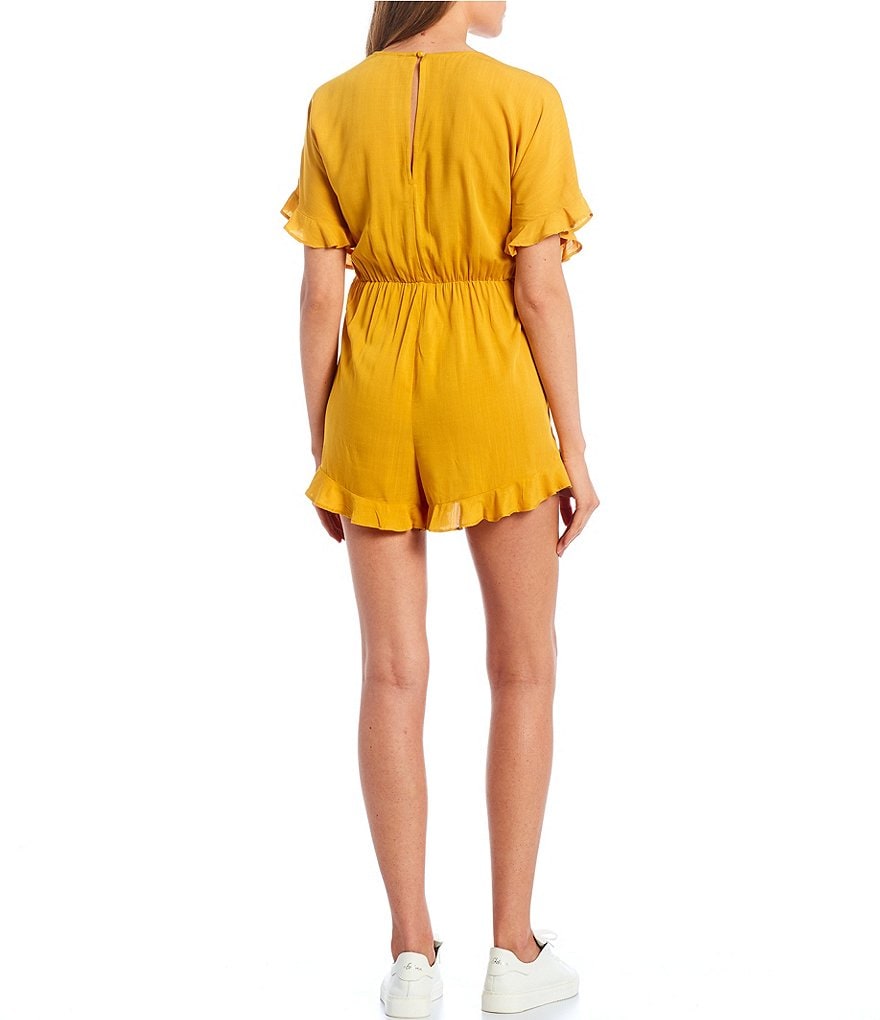 Evolutionary Short Sleeve Surplice V-Neck Textured Ruffled Romper