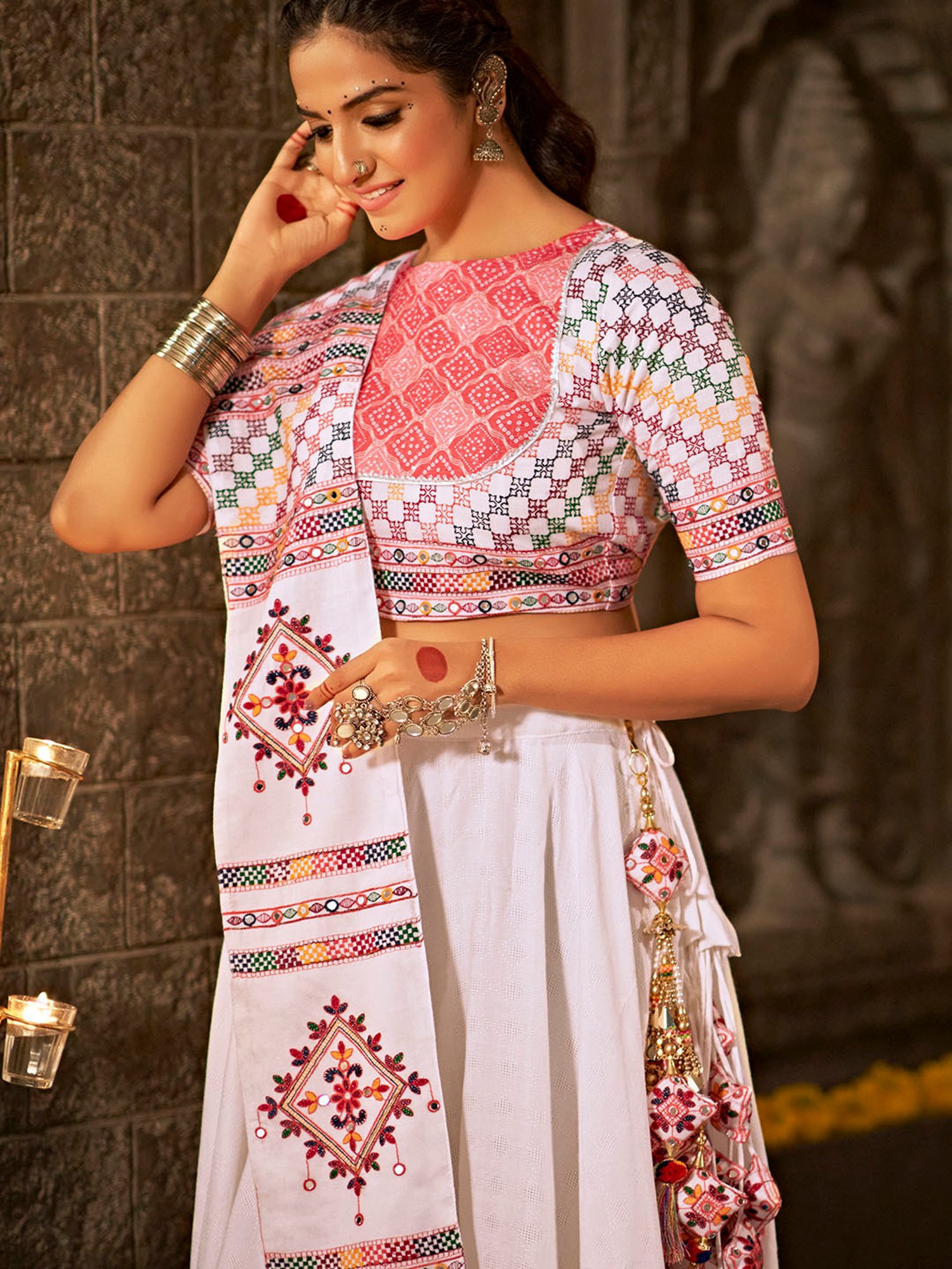 SHUBHKALA White Embroidered Lehenga Choli Set With Dupatta