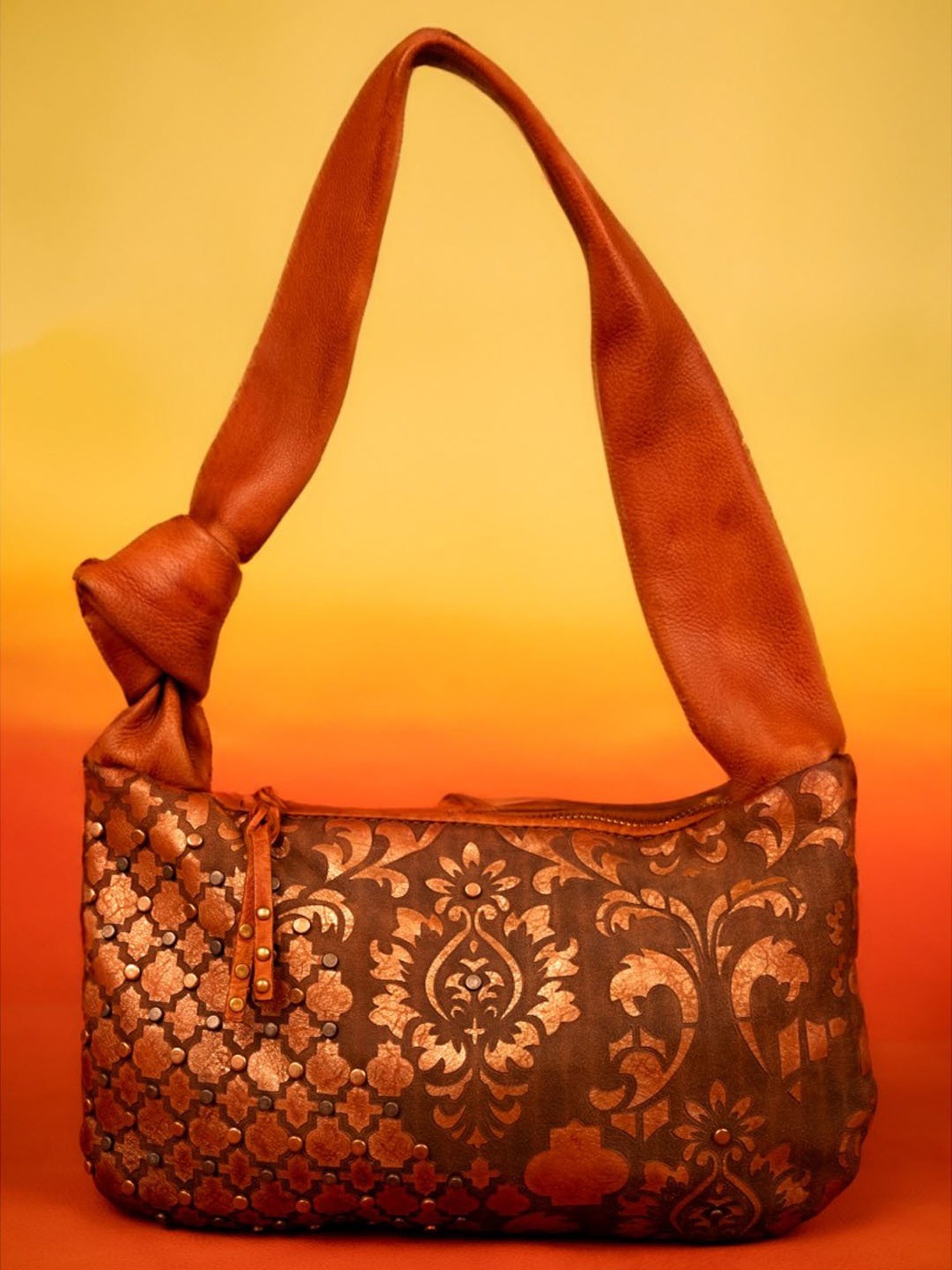 Art N Vintage Luminosa Cognac Leather Floral Medium Hobo Handbag