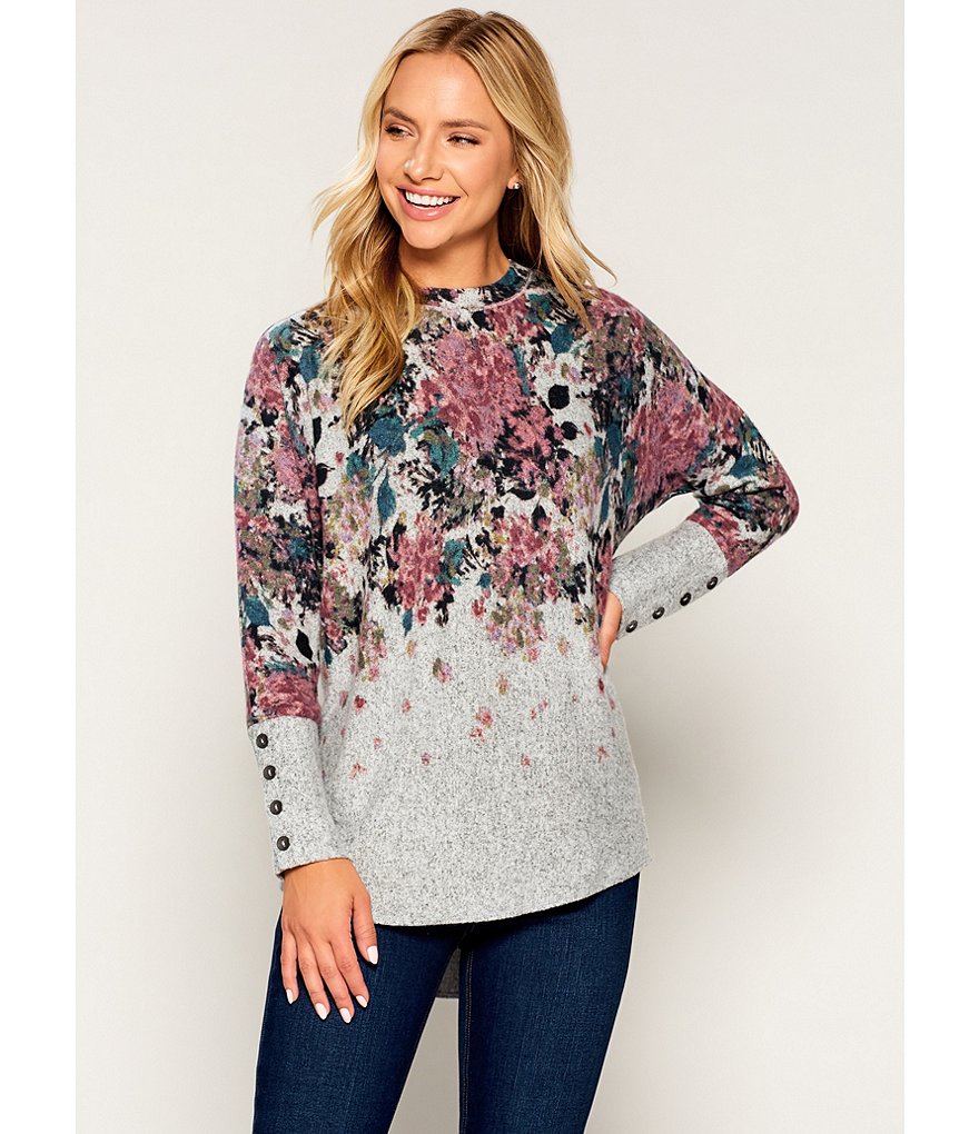 Westbound Petite Size Floral Placement Long Dolman Sleeve Button Cuff Crew Neck Top