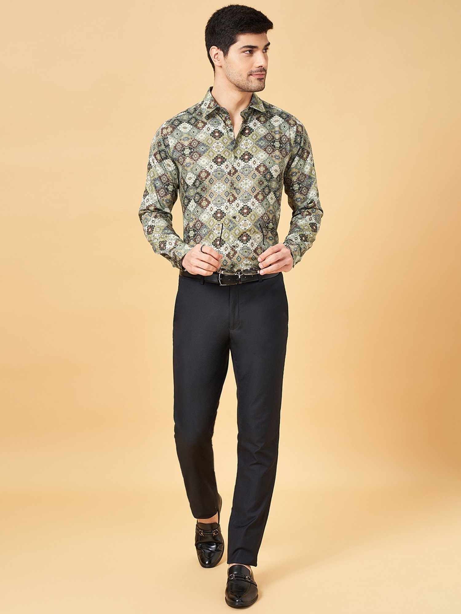 Peregrine By Pantaloons Olive Slim Fit Printed Shirt