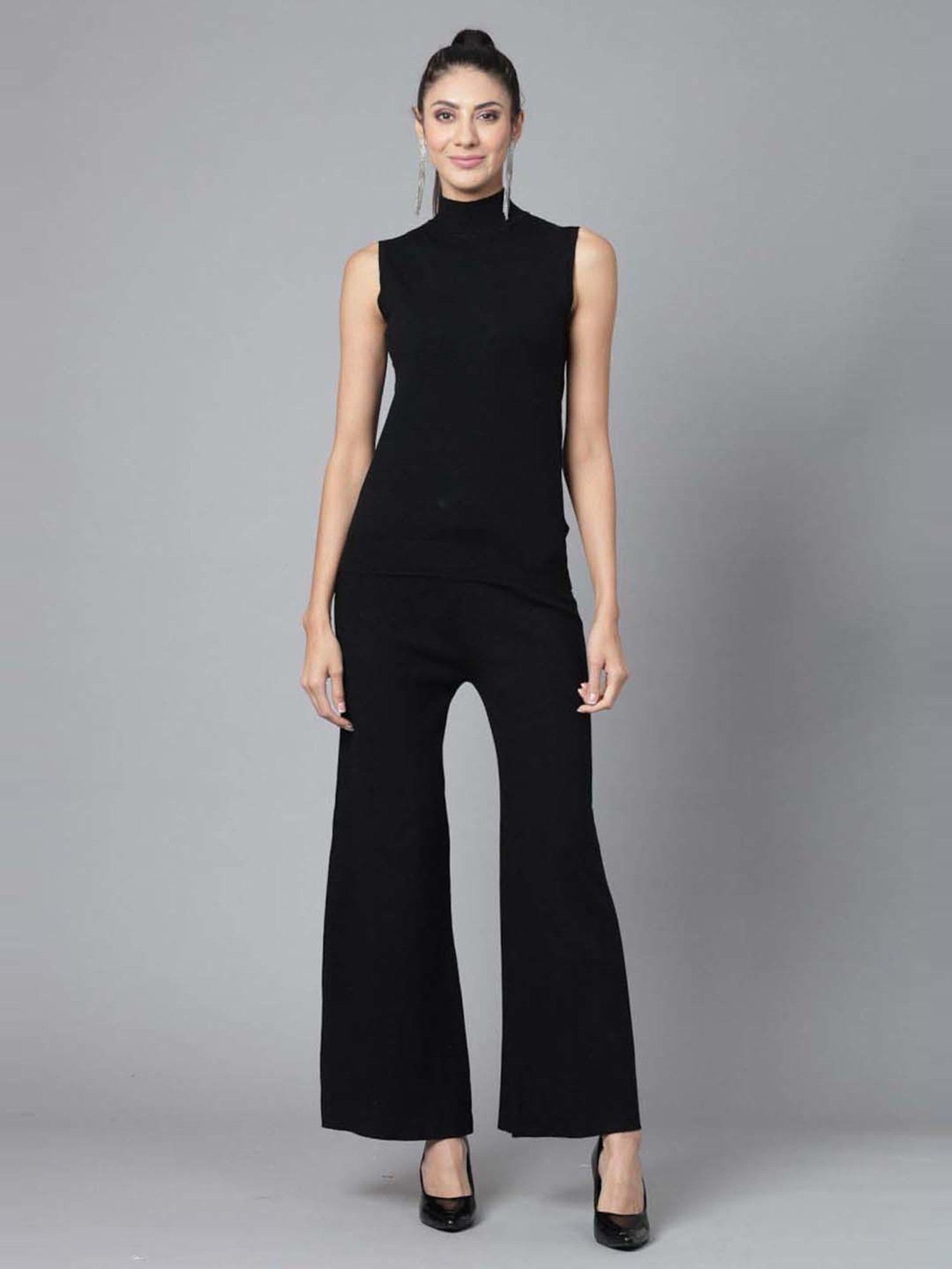 Mafadeny Black Embellished Top Pants Set With Shrug
