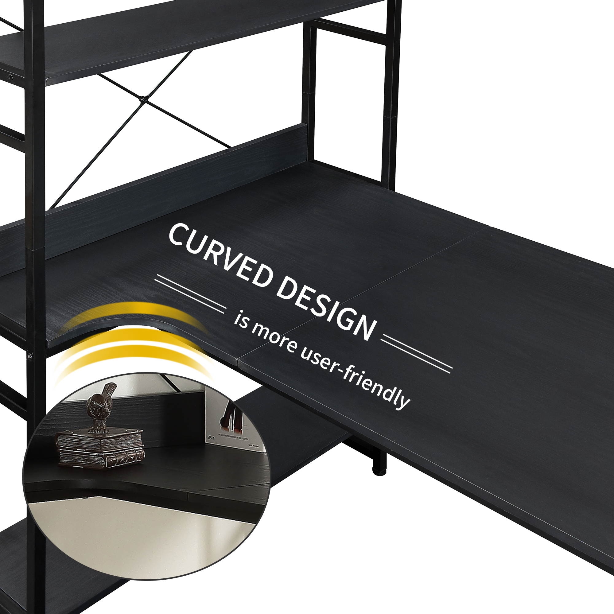 Home Office Computer Desk Gaming Desk with Steel frame and MDF Board 5 Tier Open Bookshelf Plenty Storage Space