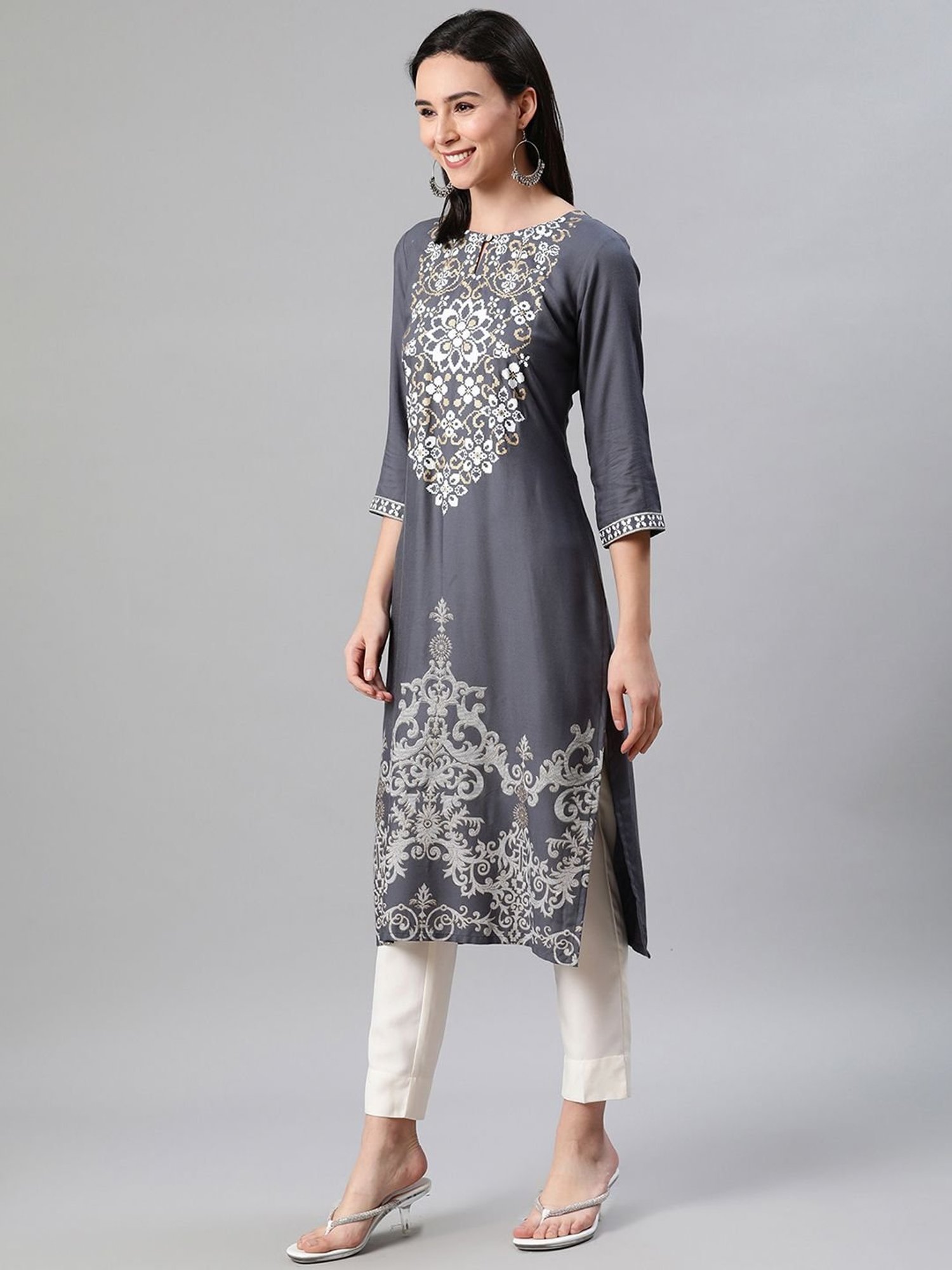 Ziyaa Grey Printed Straight Kurta