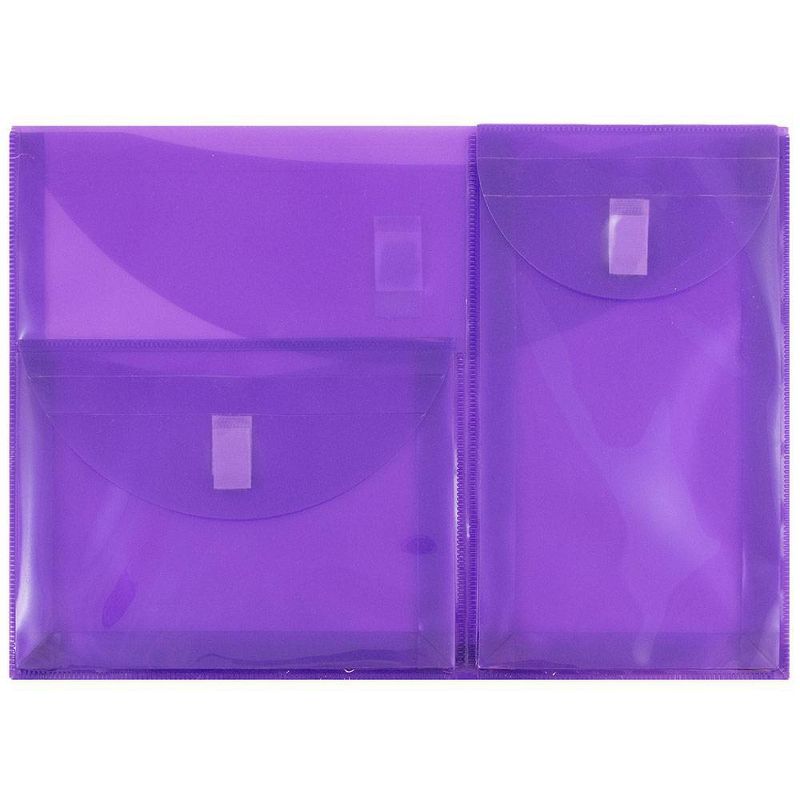 JAM Paper 9 3/4'' x 13'' Plastic 3 Pocket Envelopes with Hook & Loop Closure, Letter Booklet - Purple
