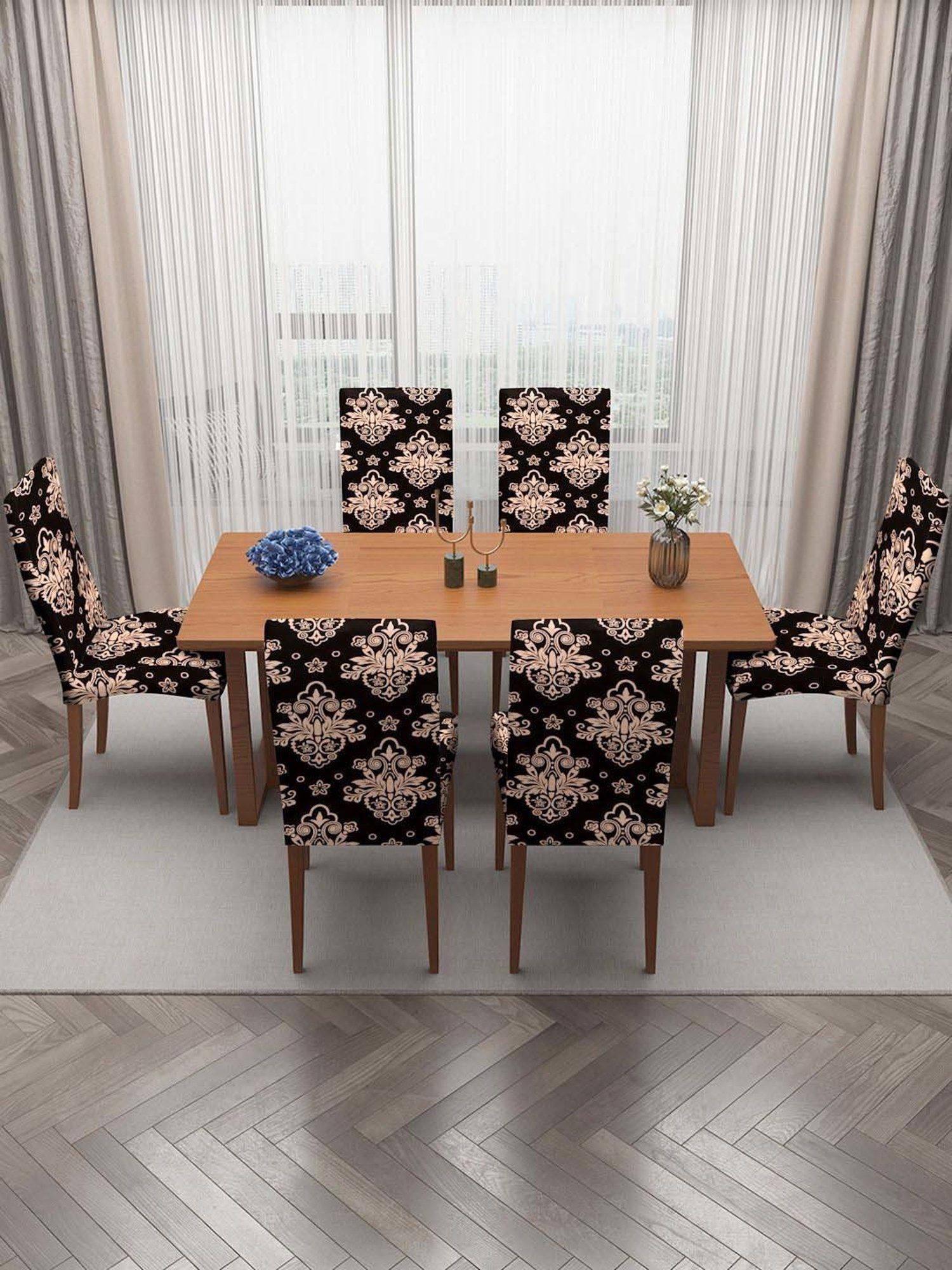 HOSTA HOMES Black Polyester Stretchable Printed Chair Cover - Set of 6