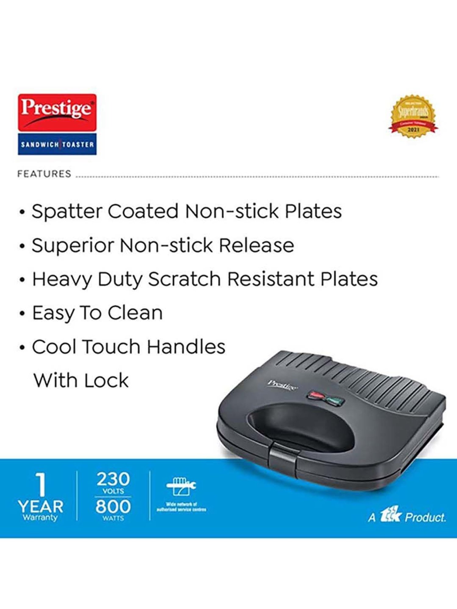 Borosil Sandwich Maker 700W Non Stick Coating (Black)
