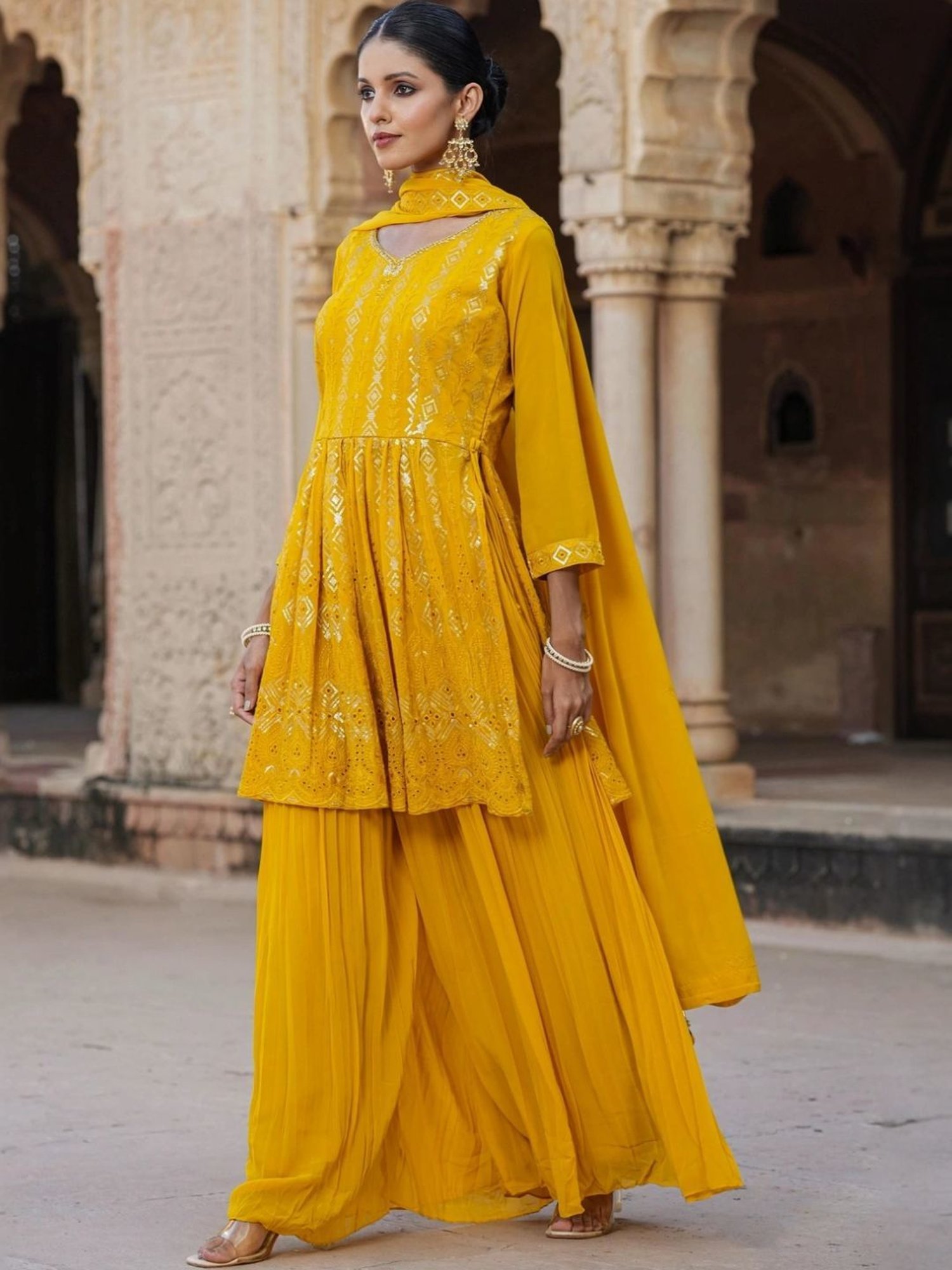 Scakhi Mustard Georgette Sequin Embroidered Suit Set Tunic With Palazzo And Dupatta