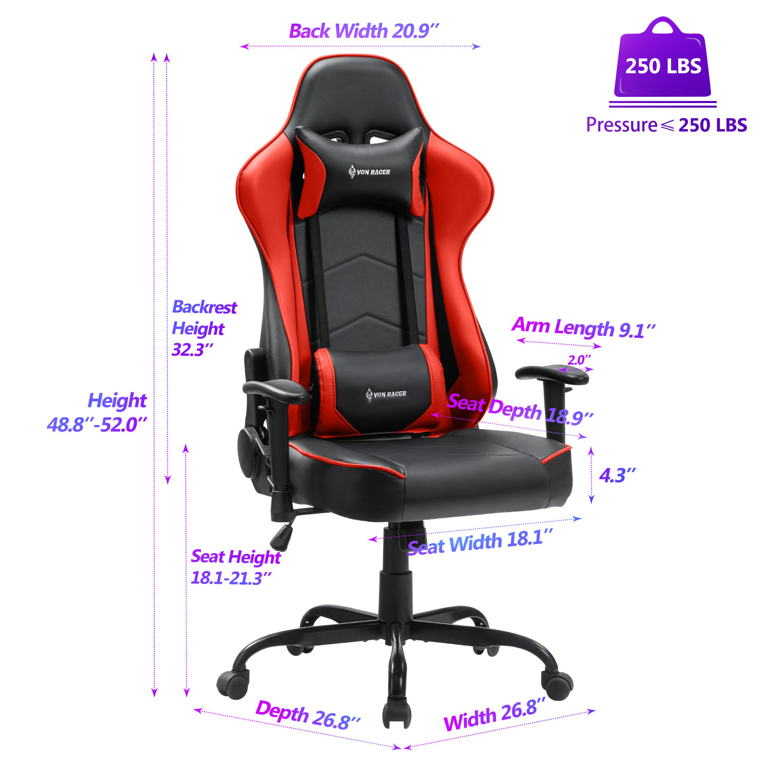 Gaming Chair, Racing Style Computer Desk Chair Padded Armrests Ergonomic Lumbar Support Adjustable Height