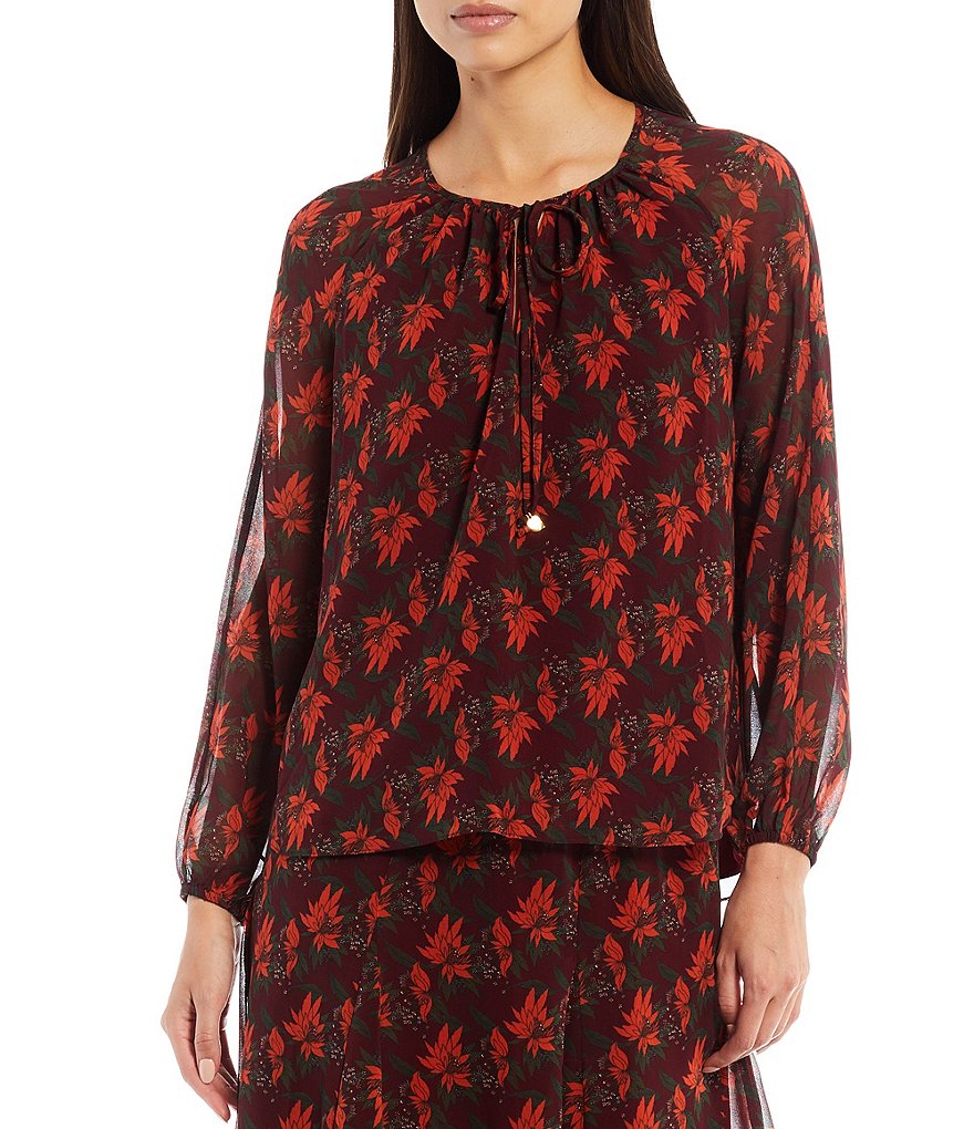 Julie Brown Nyda Floral Print Sheer Long Raglan Sleeve Tie Detail Round Neck Coordinating Blouse