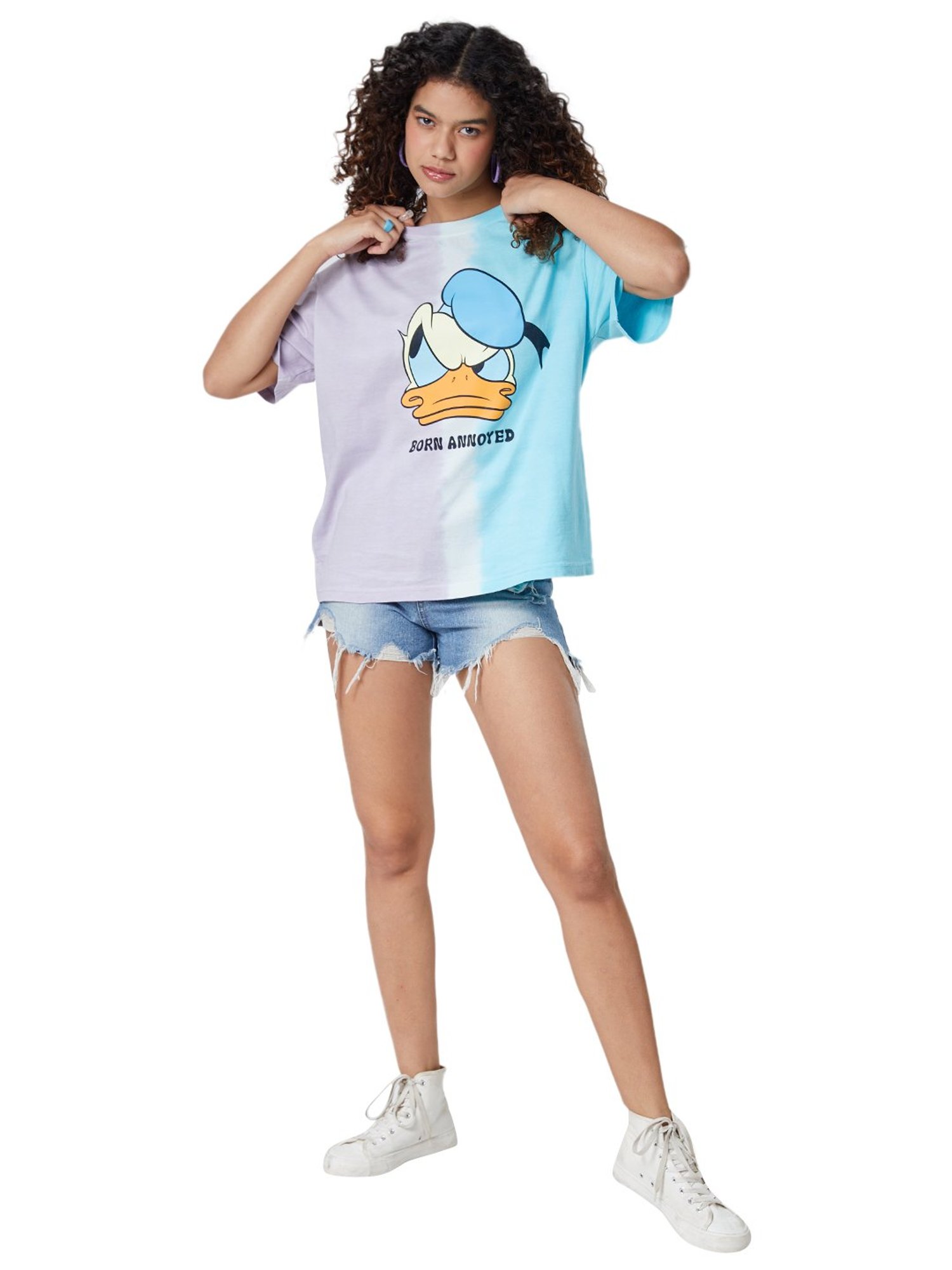 The Souled Store Purple & Blue Cotton Donald Duck Print Oversized T-Shirt