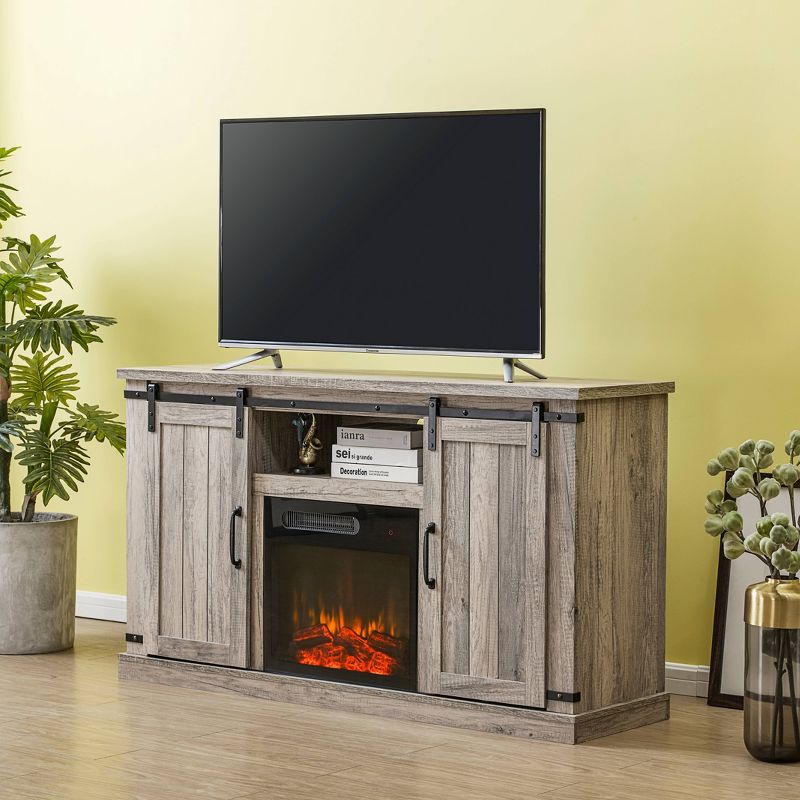 54" Sliding Doors TV Stand For TVs up to 60" with Electric Fireplace Antique Gray Oak - Home Essentials