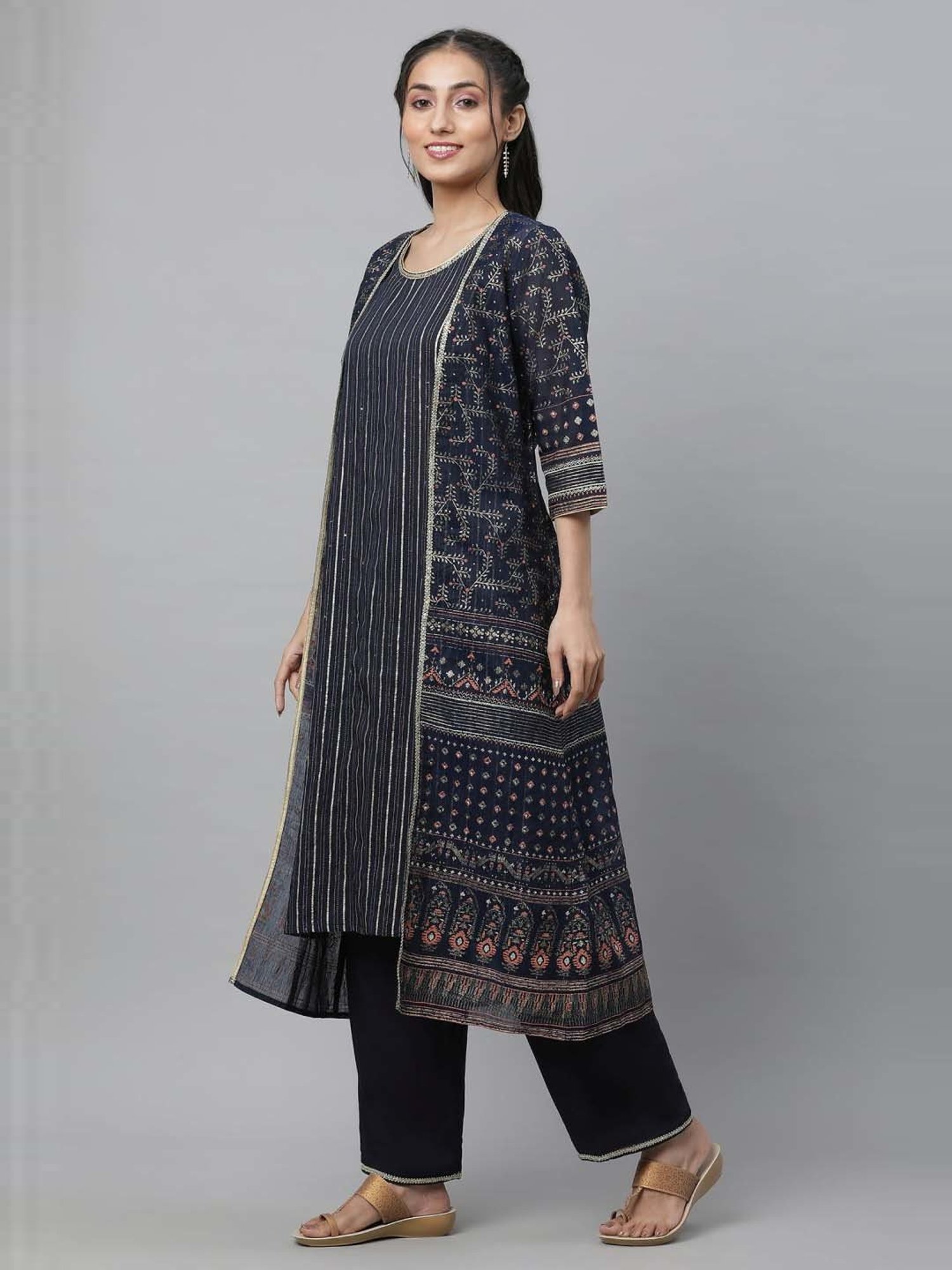 Aurelia Blue Linen Printed Kurta Pant Set With Jacket
