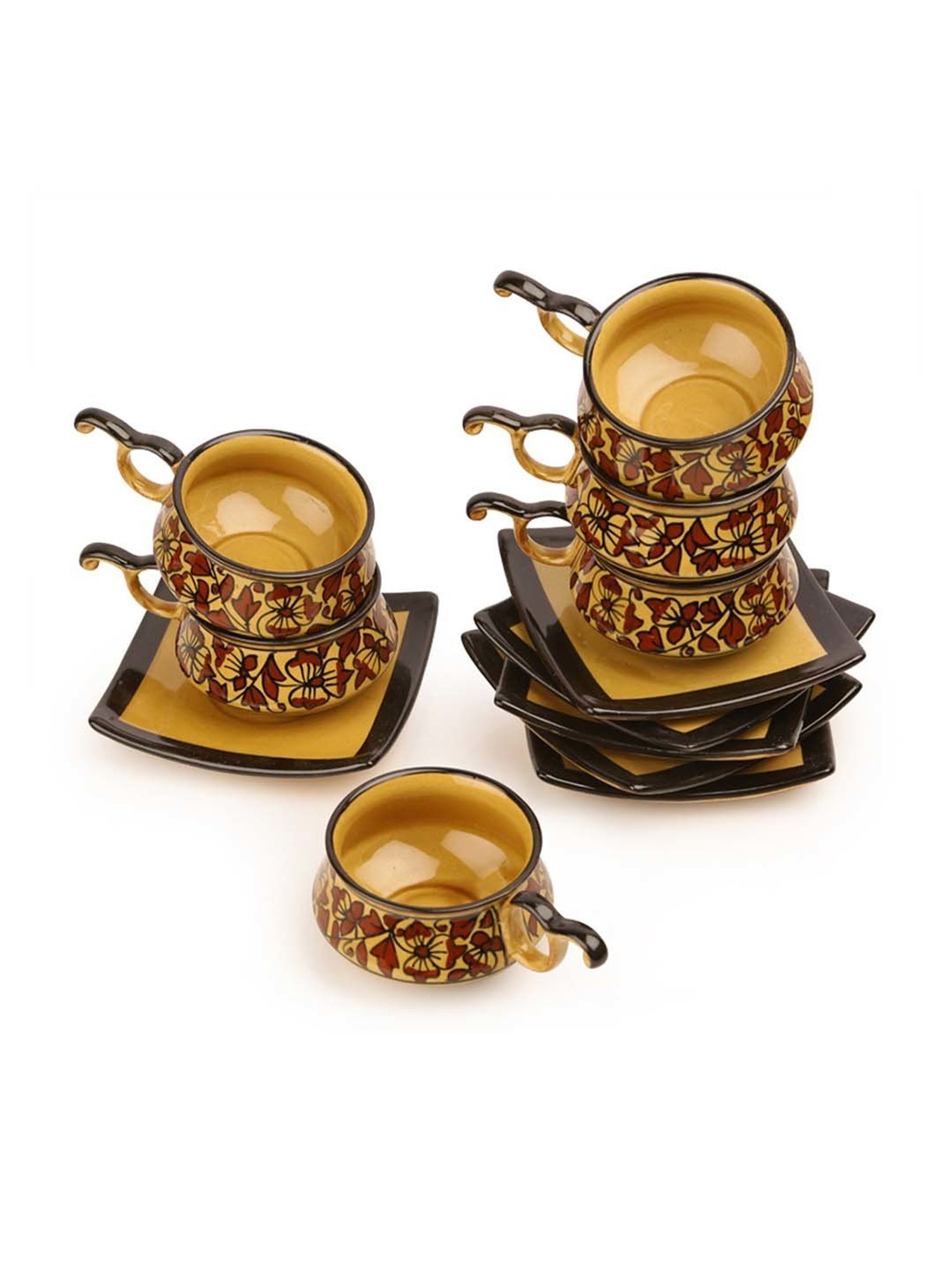 ExclusiveLane Studio Pottery Ceramic Cup & Saucer Set Of 6 In Brown