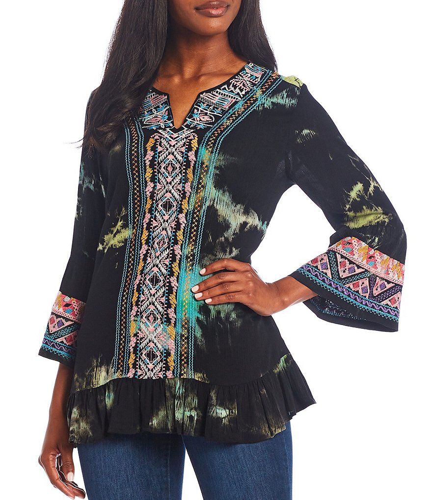 Calessa 3/4 Bell Sleeve Tie Dye Split Round Neck Embroidery Tunic