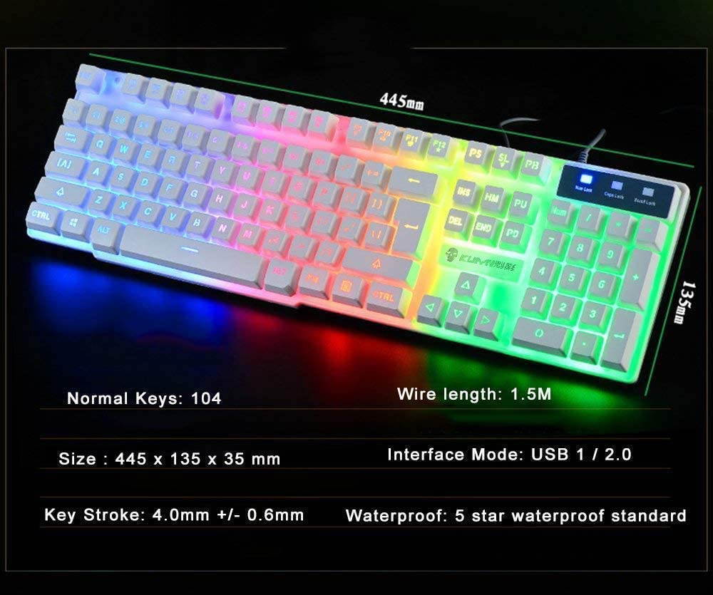 UKCOCO Wired Gaming Keyboard and Mouse Combo, Rainbow Backlit Gaming Keyboard with Multimedia Keys and Rainbow Backlit Gaming Mouse 2400 DPI, for Windows PC Gamers