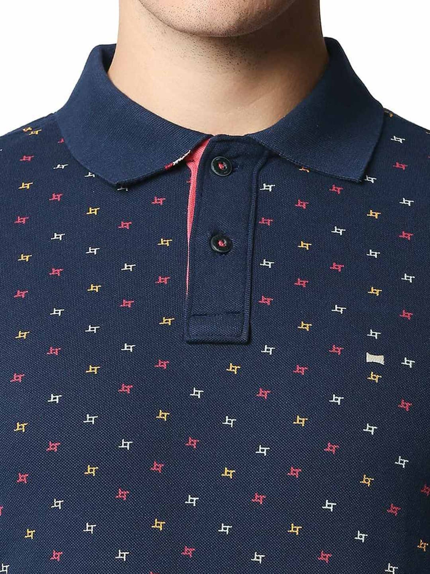 Basics Pageant Blue Cotton Muscle Fit Printed Polo T-Shirt