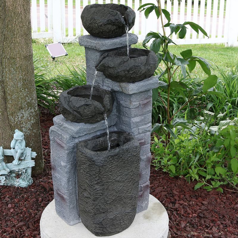 Sunnydaze Outdoor Polyresin Solar Powered Stone Bowls Water Fountain with LED Lights and Backup Battery - 30"