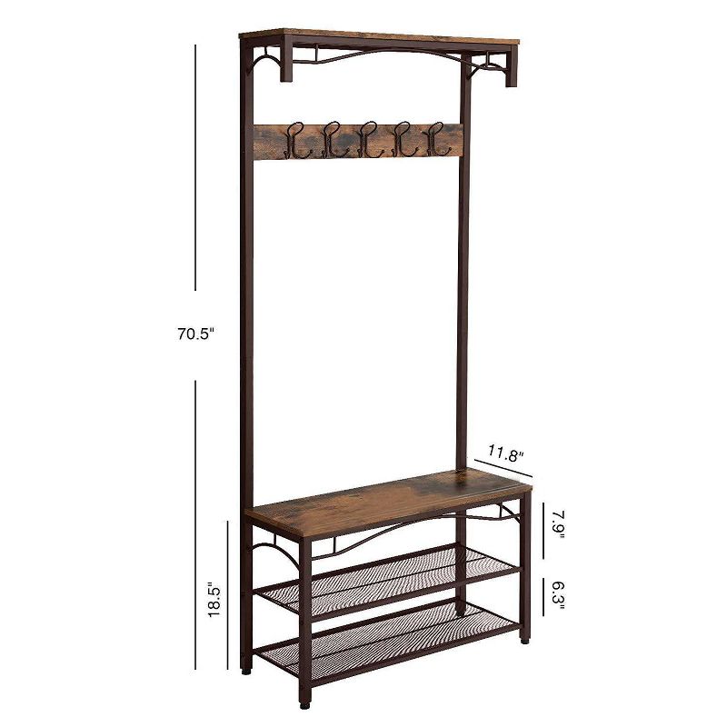 Metal Framed Coat Rack with Wooden Bench and Two Mesh Shelves Brown and Black - Benzara