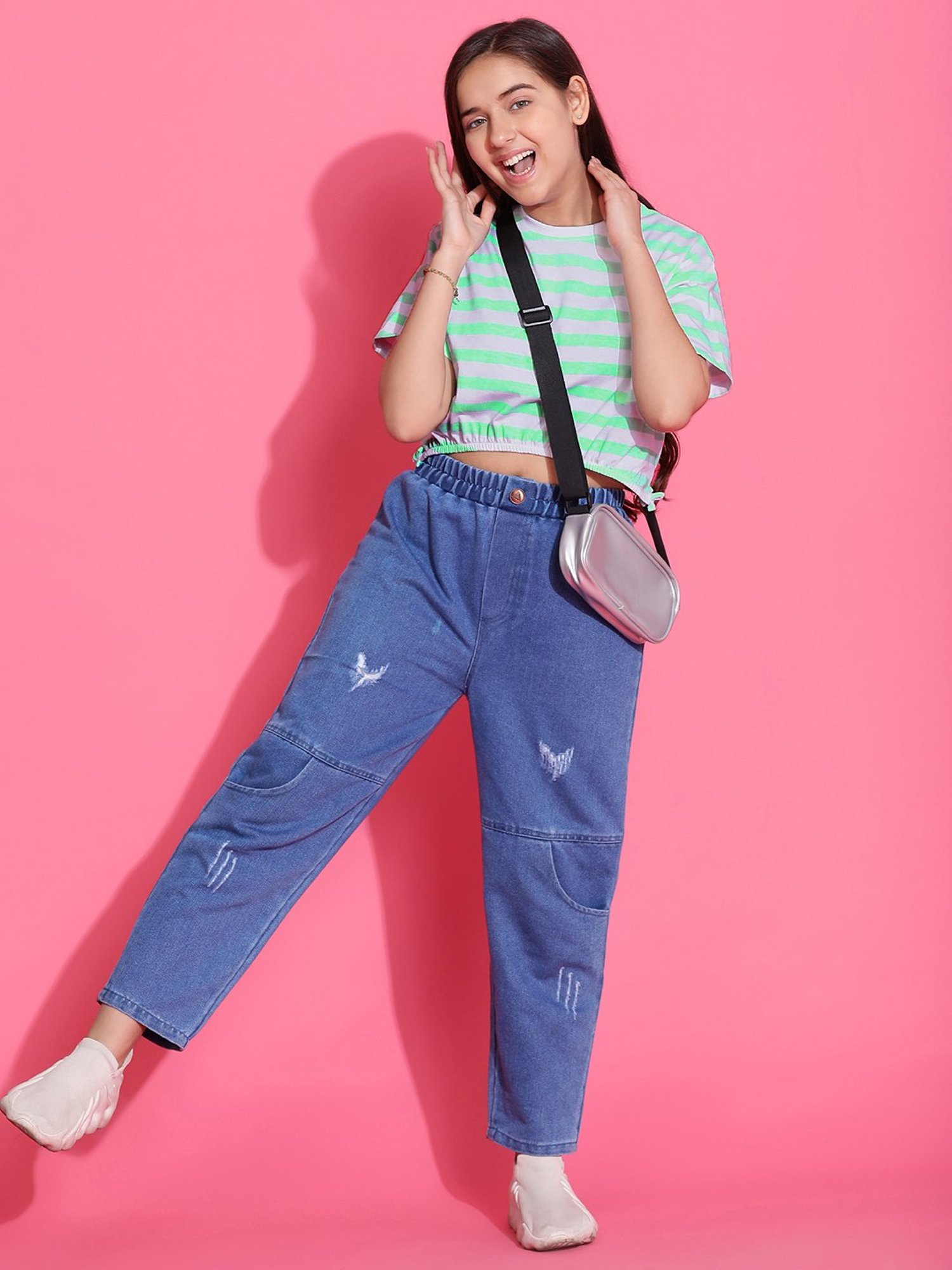 Lil Tomatoes Kids Light Green & White Striped Crop Top